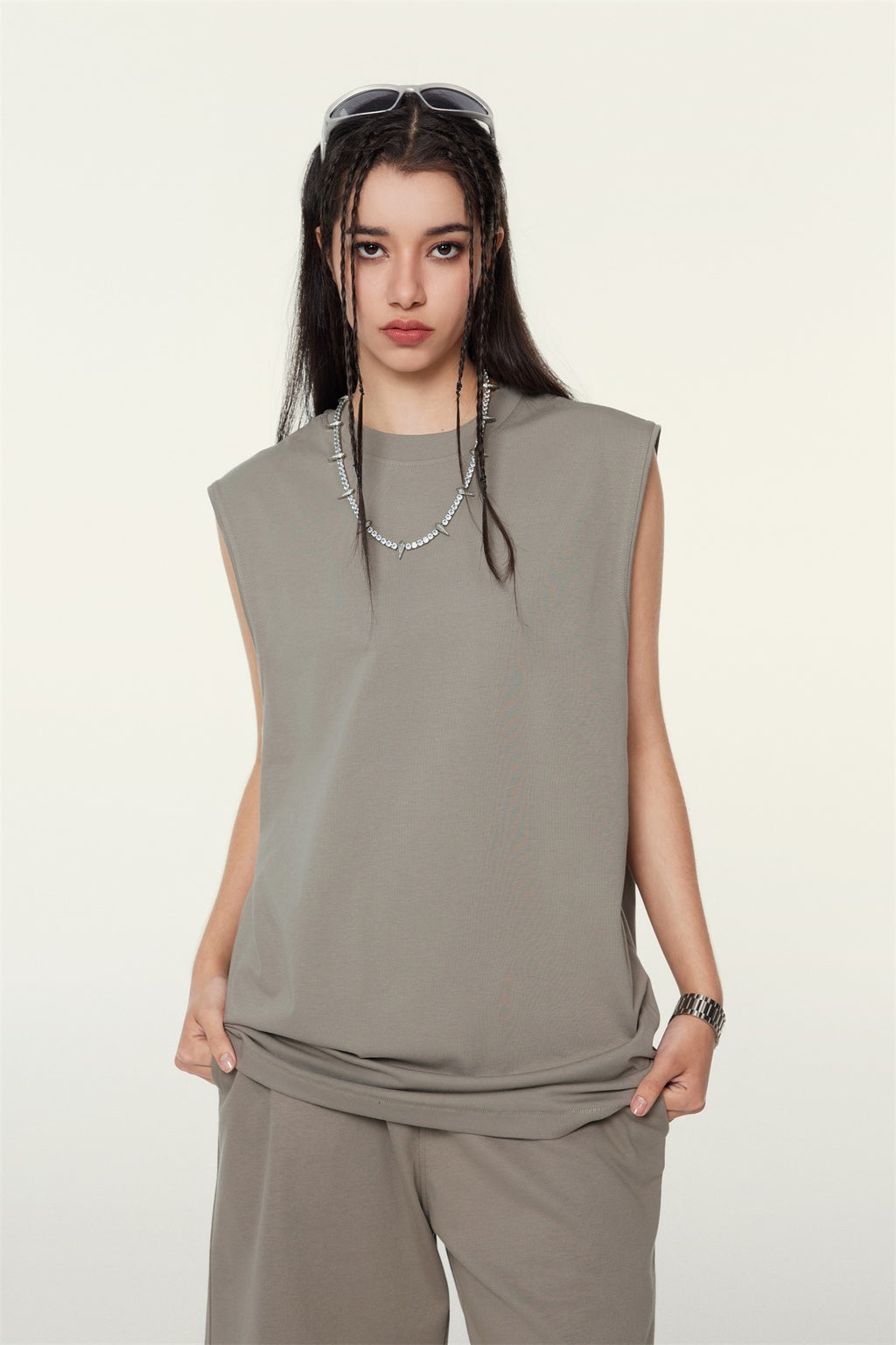 230GSM Women’s Cool-Touch Ice-Feel Solid Color Crew Neck Tank Top Taupe