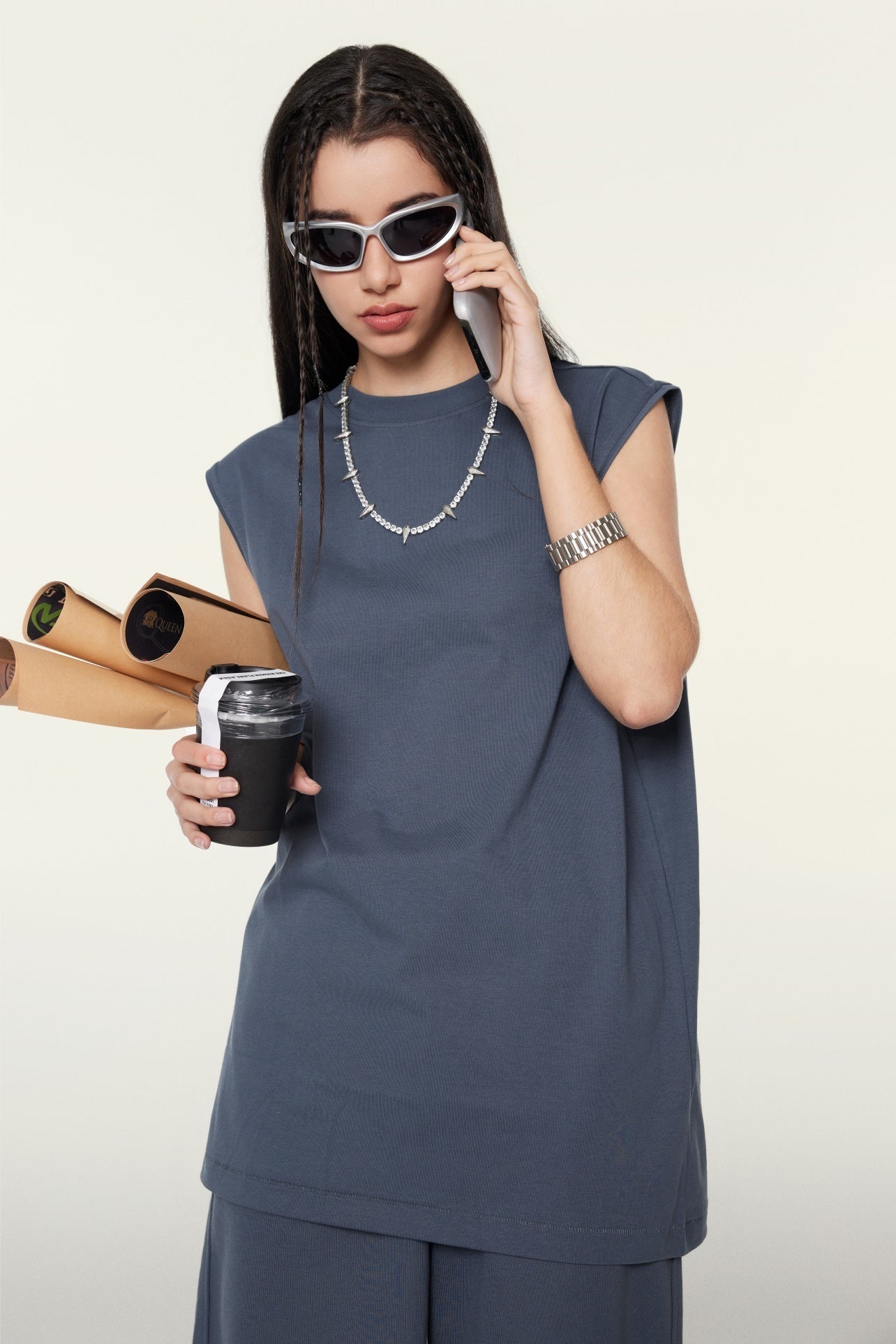 230GSM Women’s Cool-Touch Ice-Feel Solid Color Crew Neck Tank Top Dusty Blue