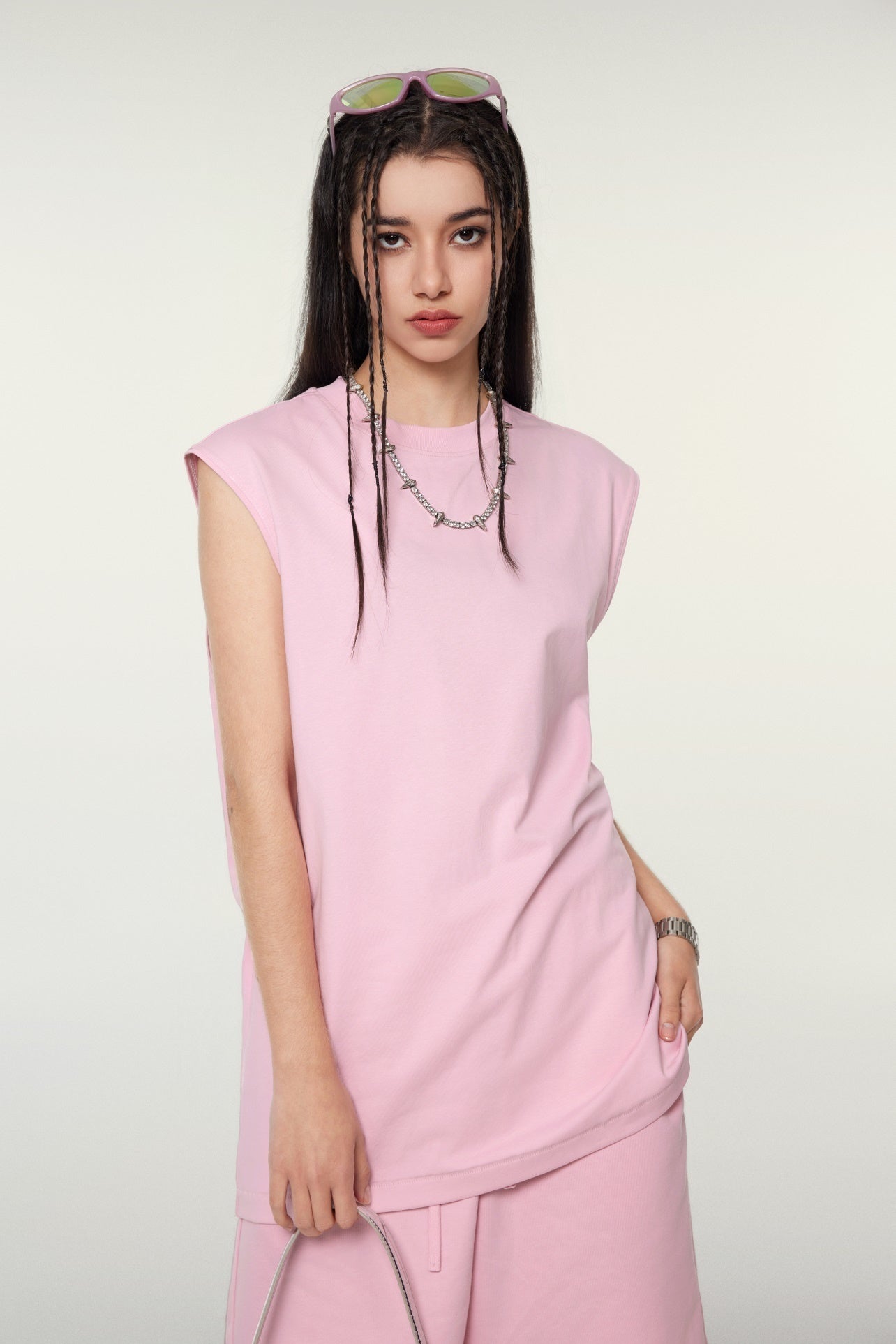 230GSM Women’s Cool-Touch Ice-Feel Solid Color Crew Neck Tank Top Pink