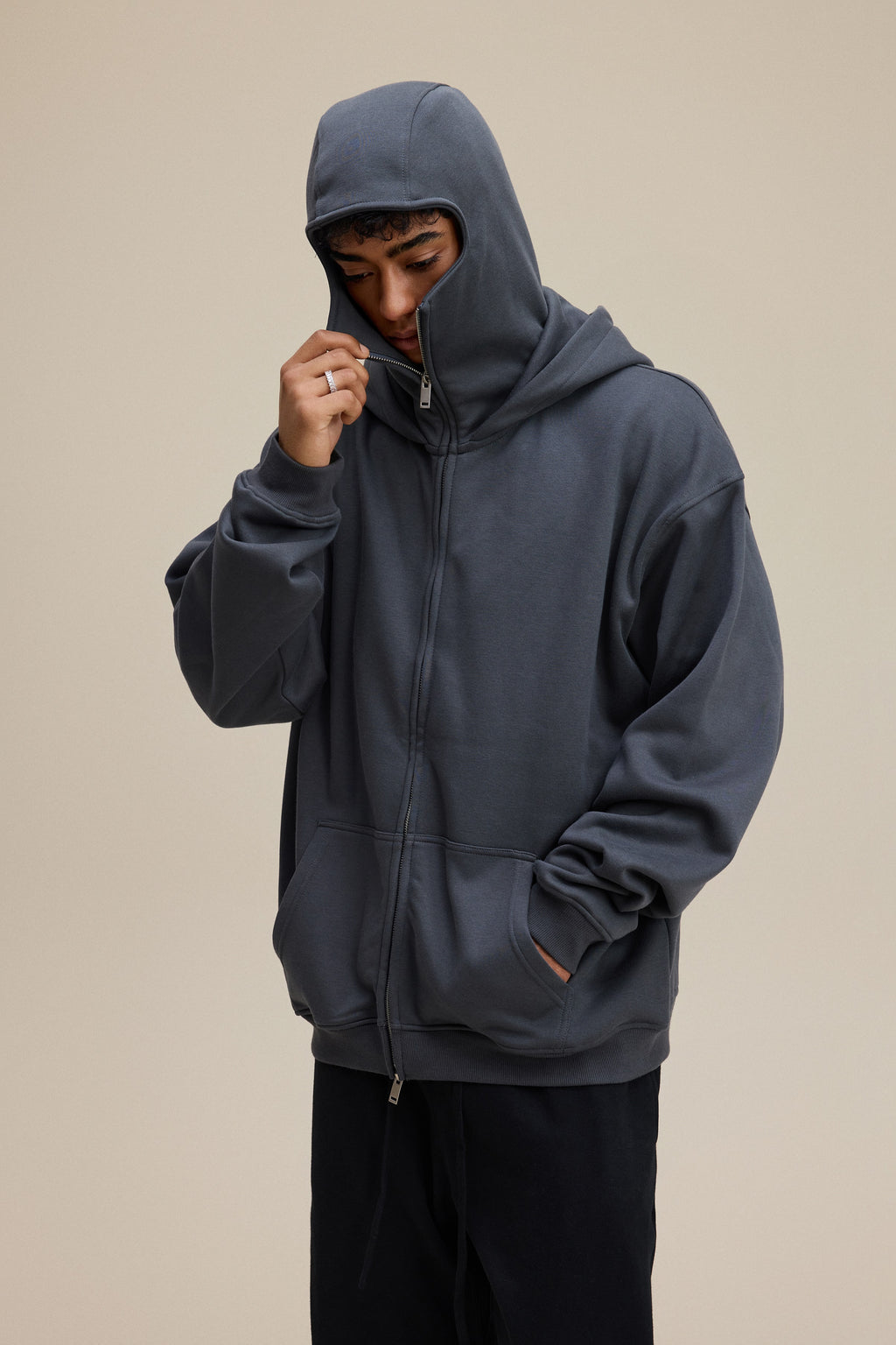 340GSM Men’s Trendy Fleece Zip-Up Windproof Face-Mask Hoodie Dark Grey