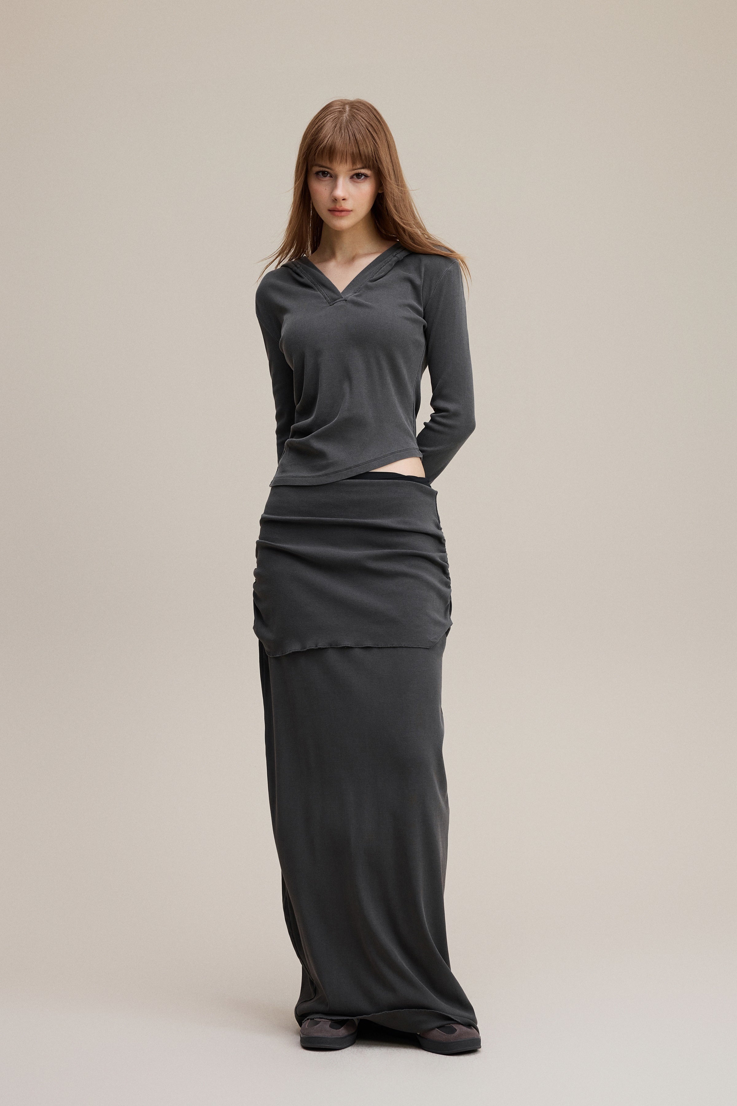 275GSM Women’s Slim-Fit Pigment-Wash Long-Sleeve Dark gray