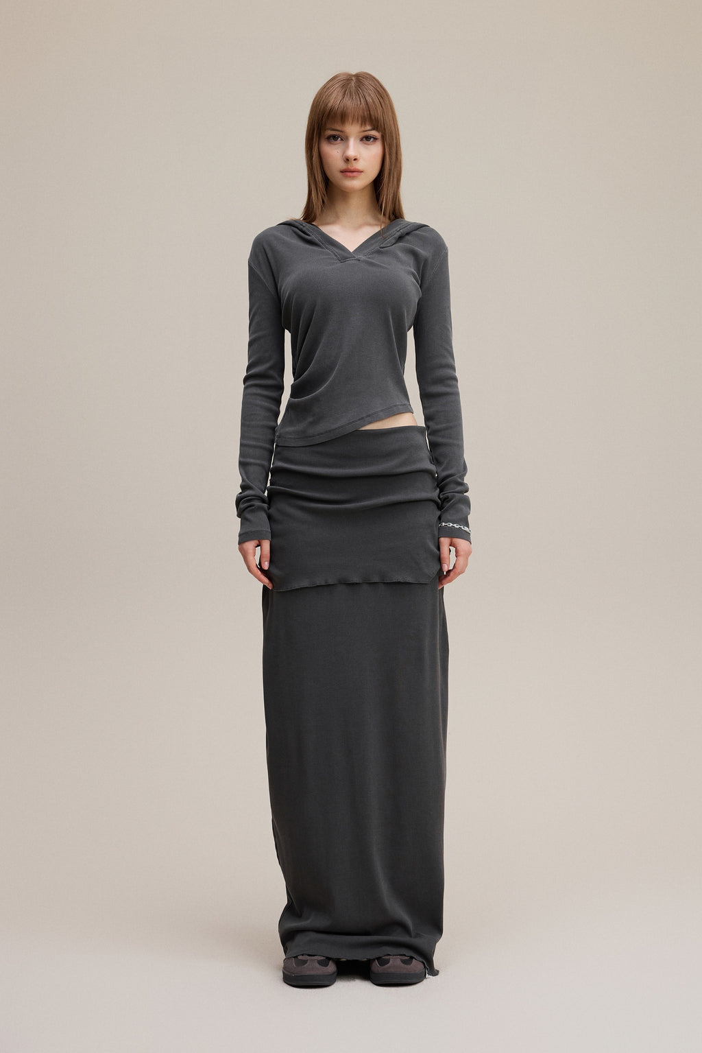 275GSM Women’s Slim-Fit Pigment-Wash Long-Sleeve Dark gray