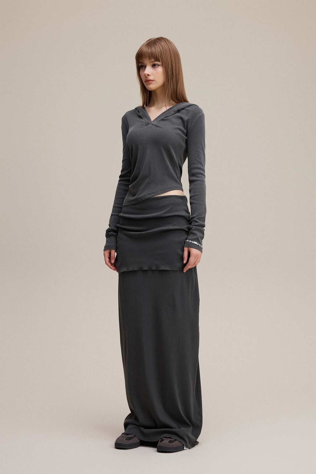 275GSM Women’s Slim-Fit Pigment-Wash Long-Sleeve Dark gray