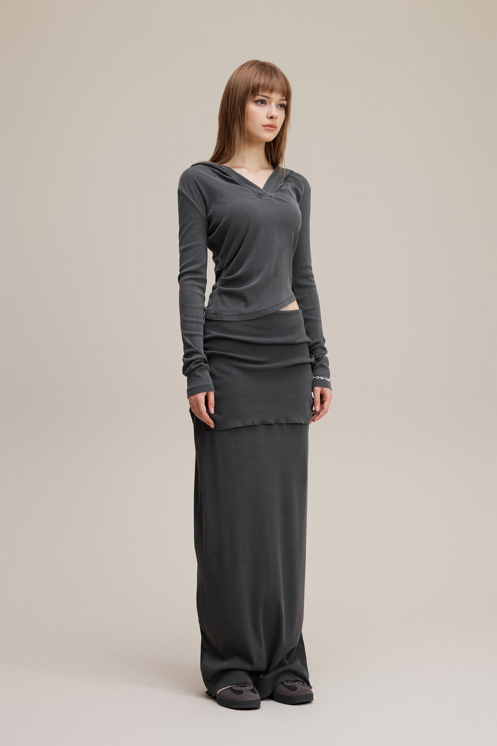 275GSM Women’s Slim-Fit Pigment-Wash Long-Sleeve Dark gray