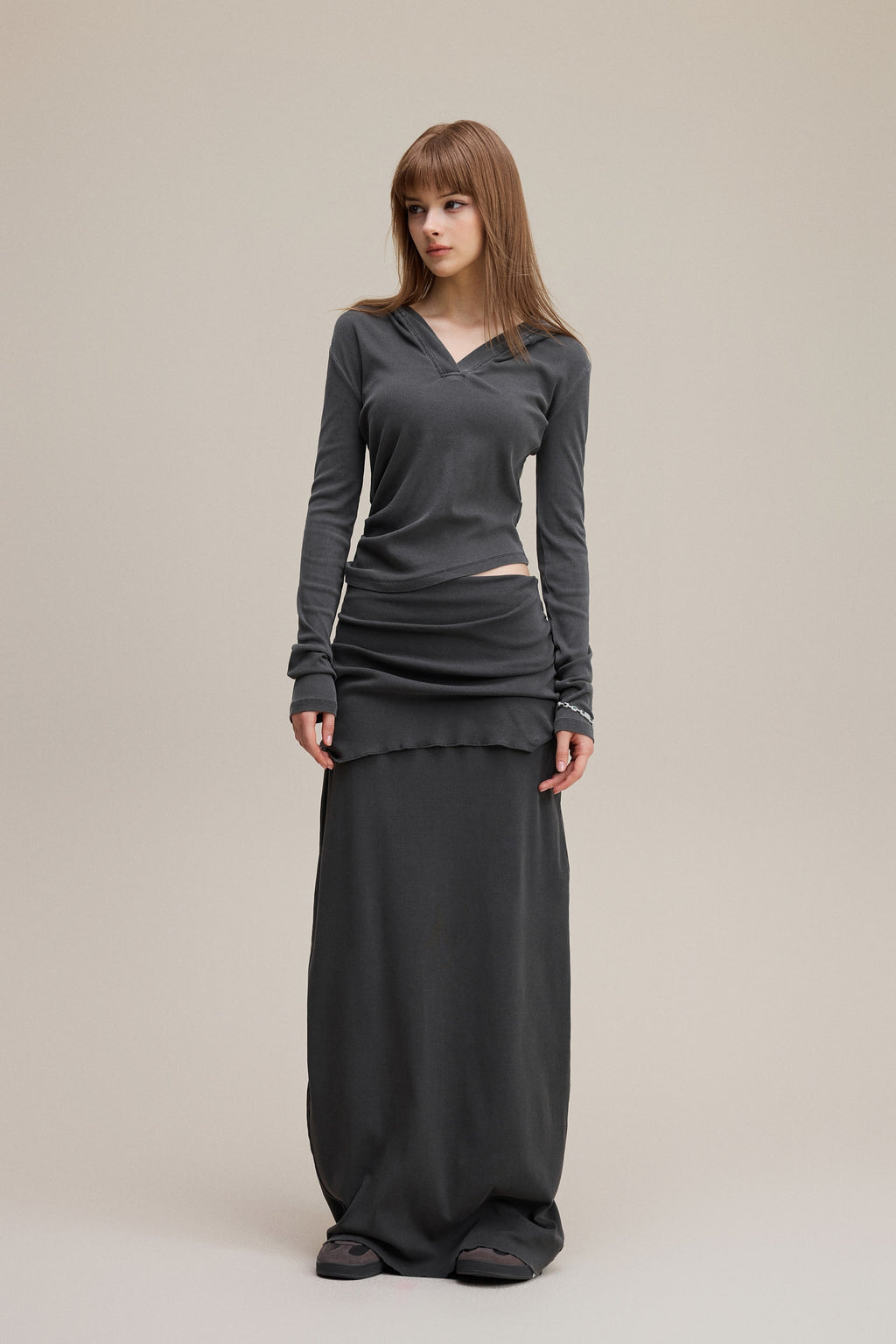 275GSM Women’s Slim-Fit Pigment-Wash Long-Sleeve Dark gray