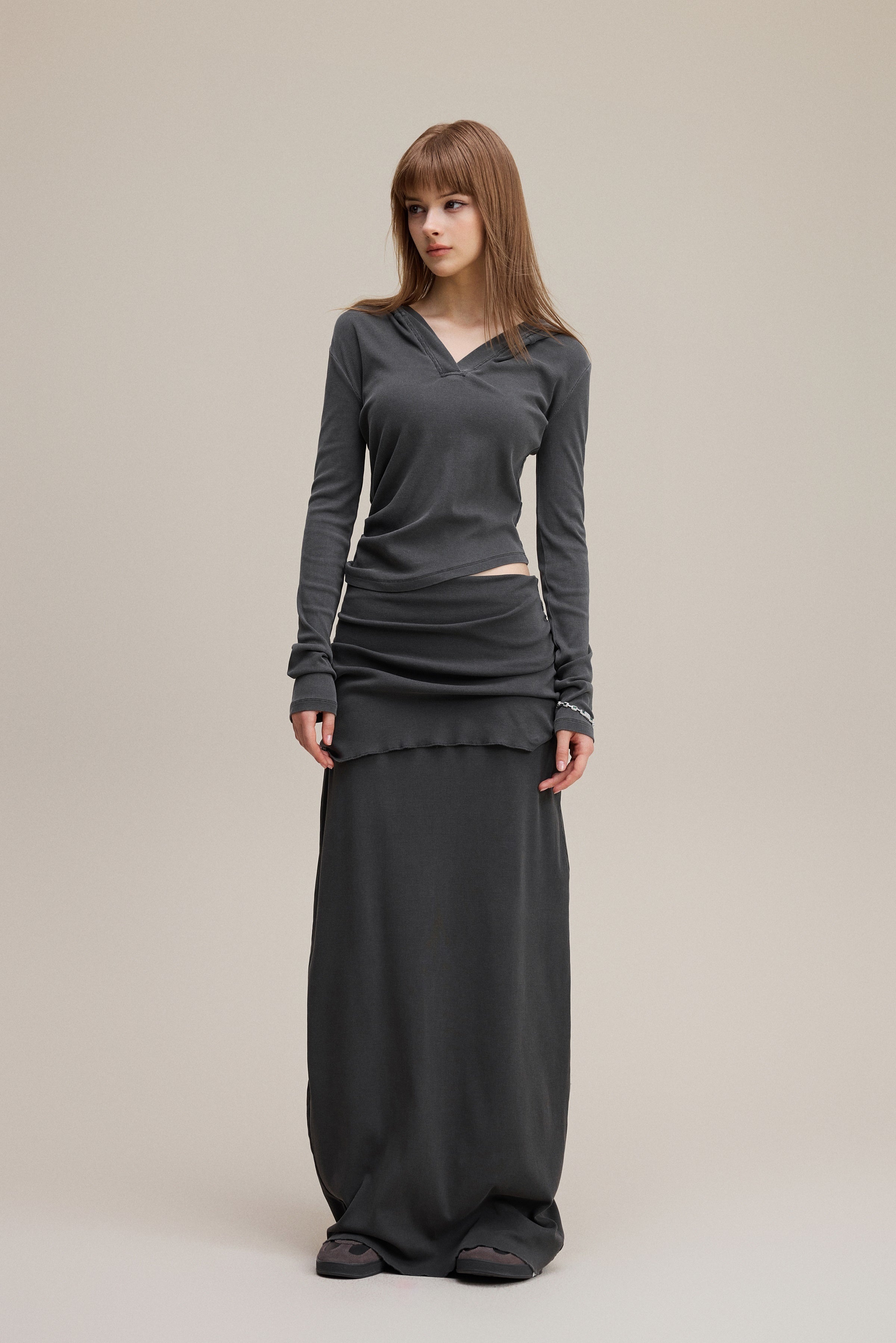 275GSM Women’s Slim-Fit Pigment-Wash Long-Sleeve Dark gray