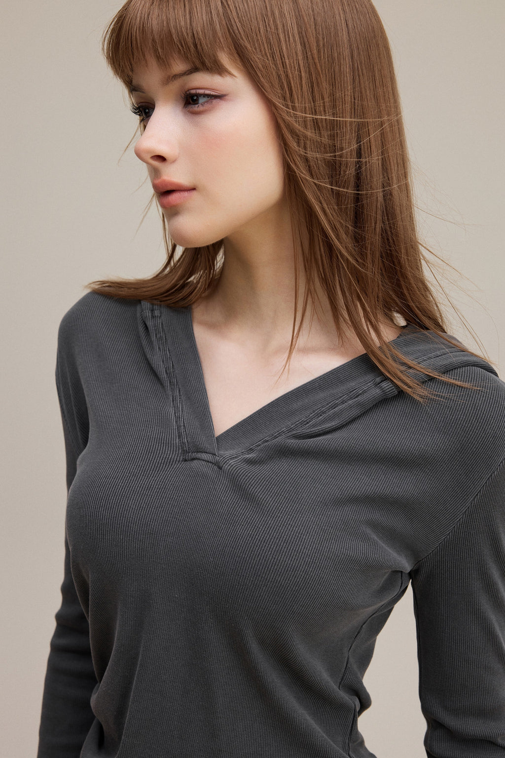 275GSM Women’s Slim-Fit Pigment-Wash Long-Sleeve Dark gray