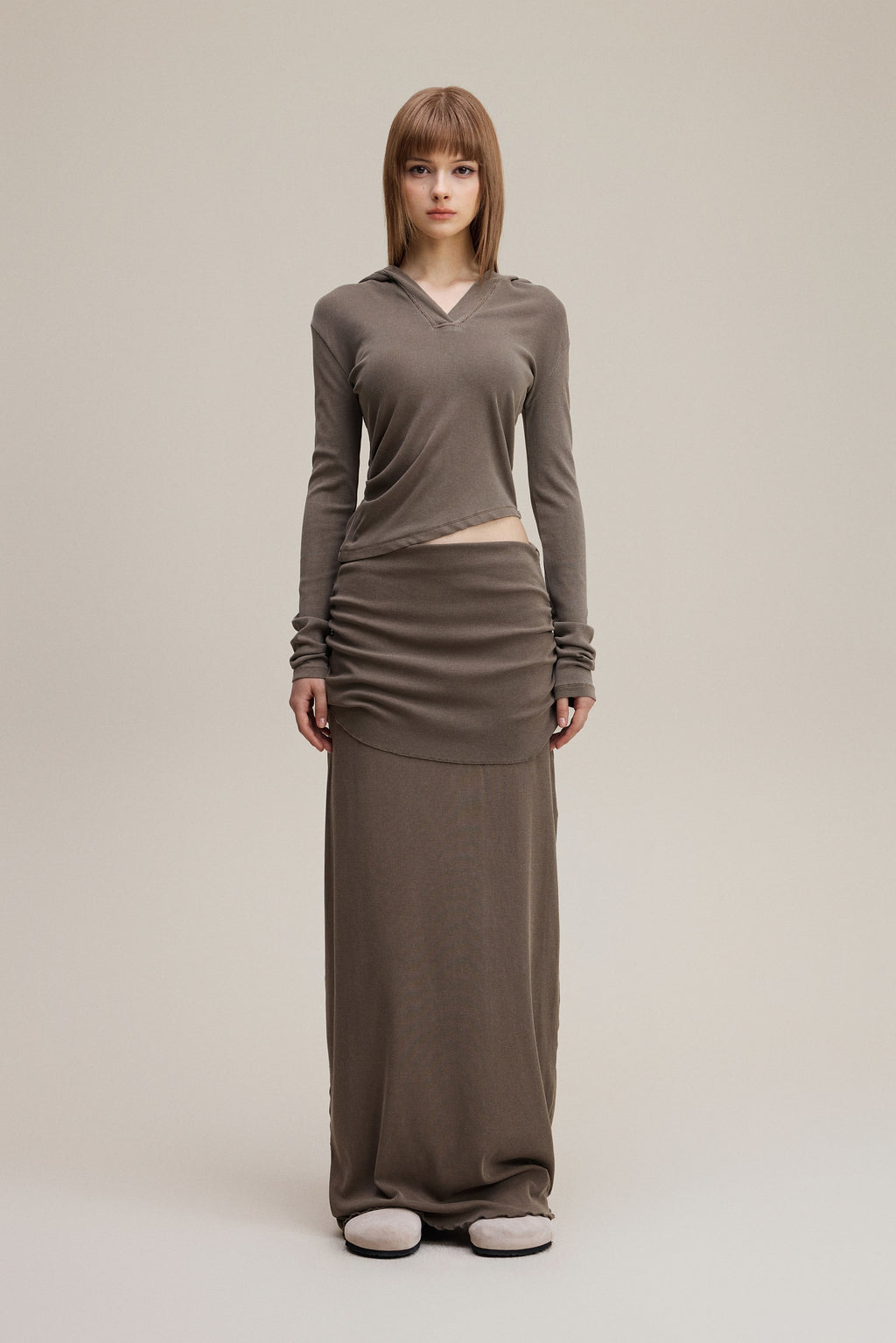 275GSM Women’s Slim-Fit Pigment-Wash Long-Sleeve Coffee