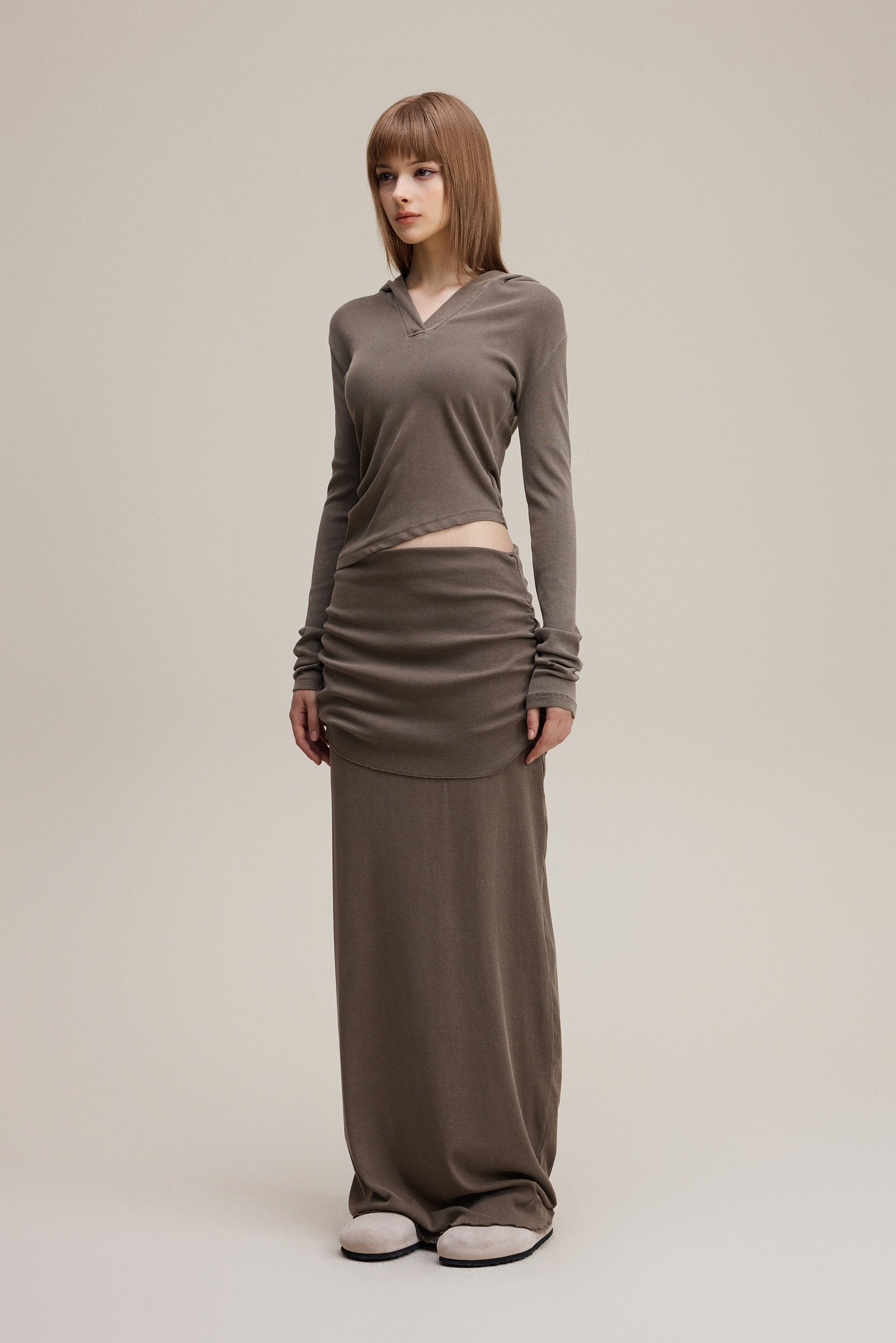 275GSM Women’s Slim-Fit Pigment-Wash Long-Sleeve Coffee