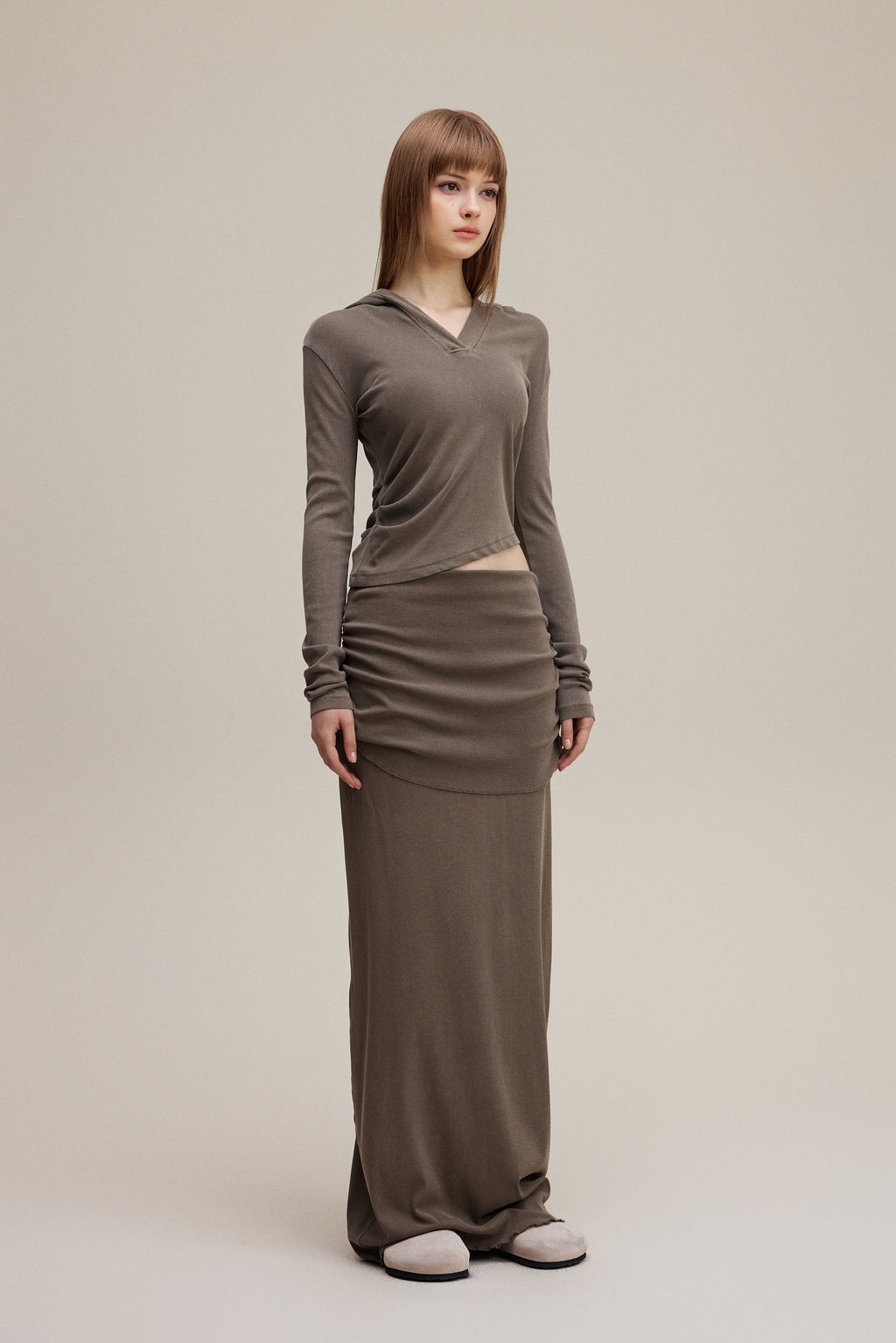 275GSM Women’s Slim-Fit Pigment-Wash Long-Sleeve Coffee
