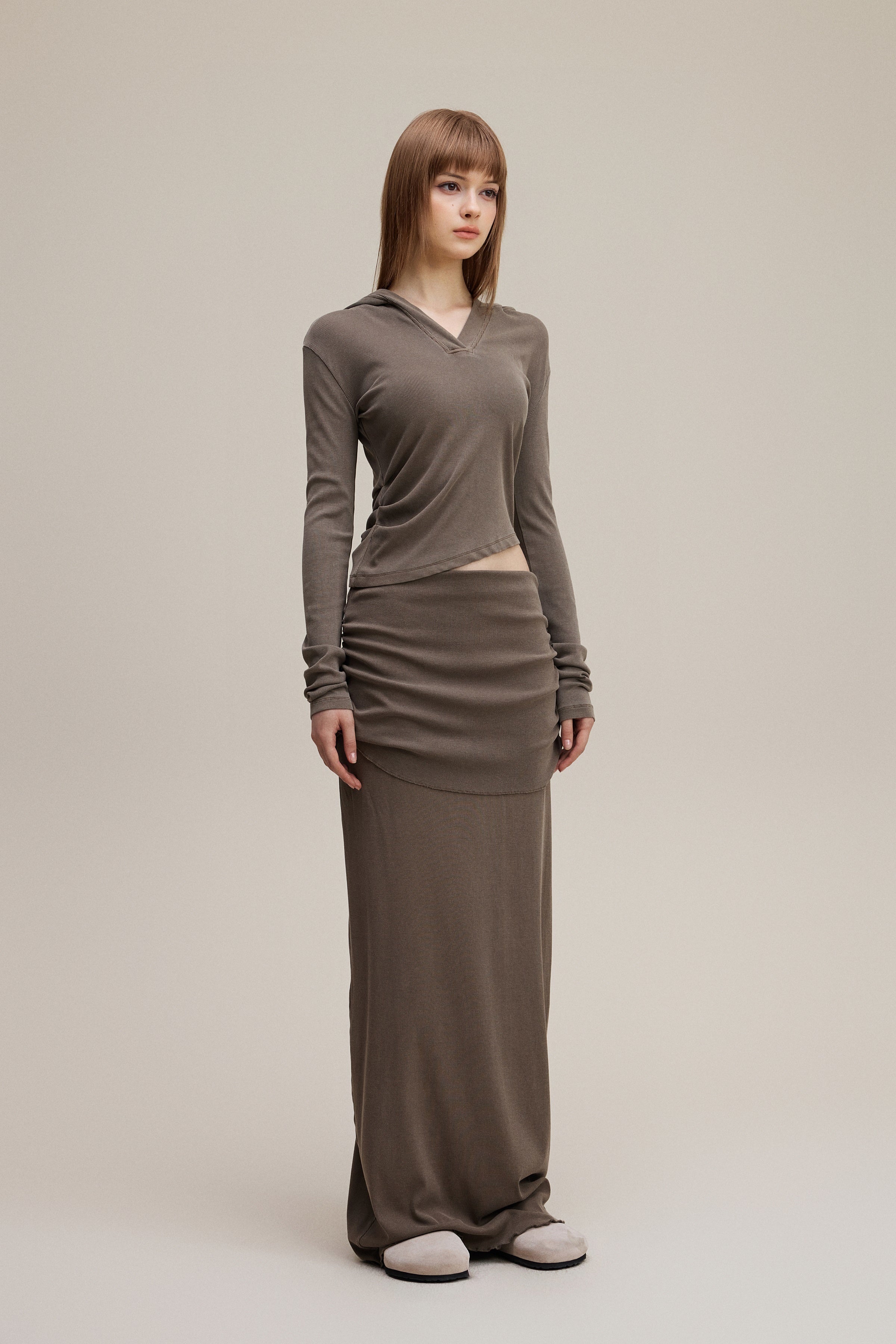 275GSM Women’s Slim-Fit Pigment-Wash Long-Sleeve Coffee