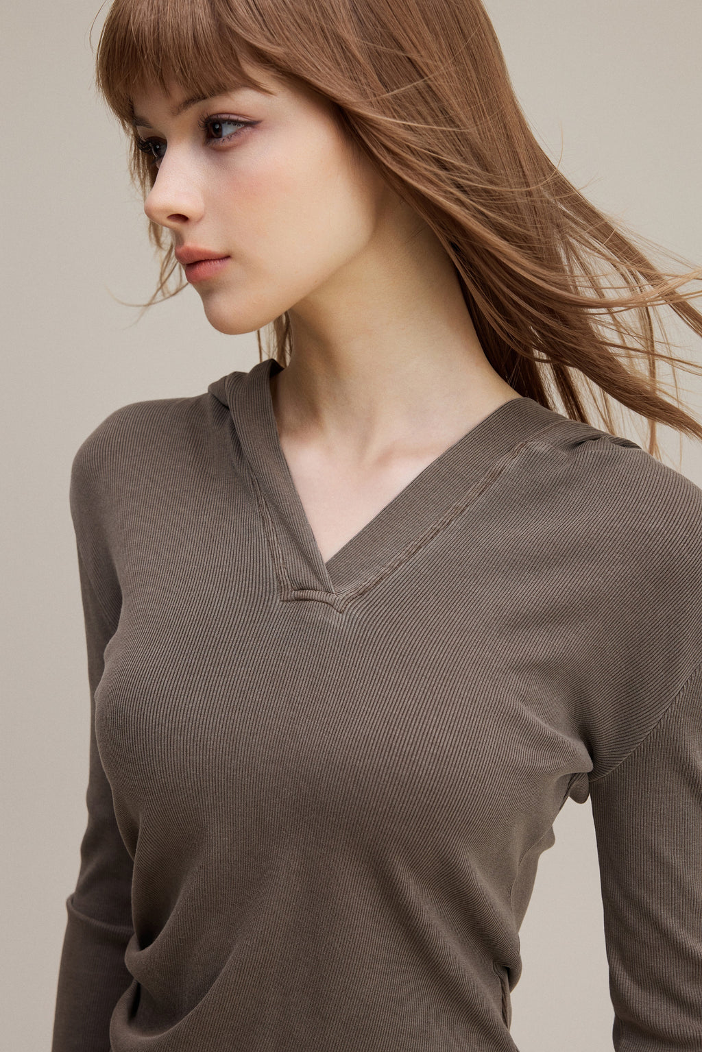 275GSM Women’s Slim-Fit Pigment-Wash Long-Sleeve Coffee