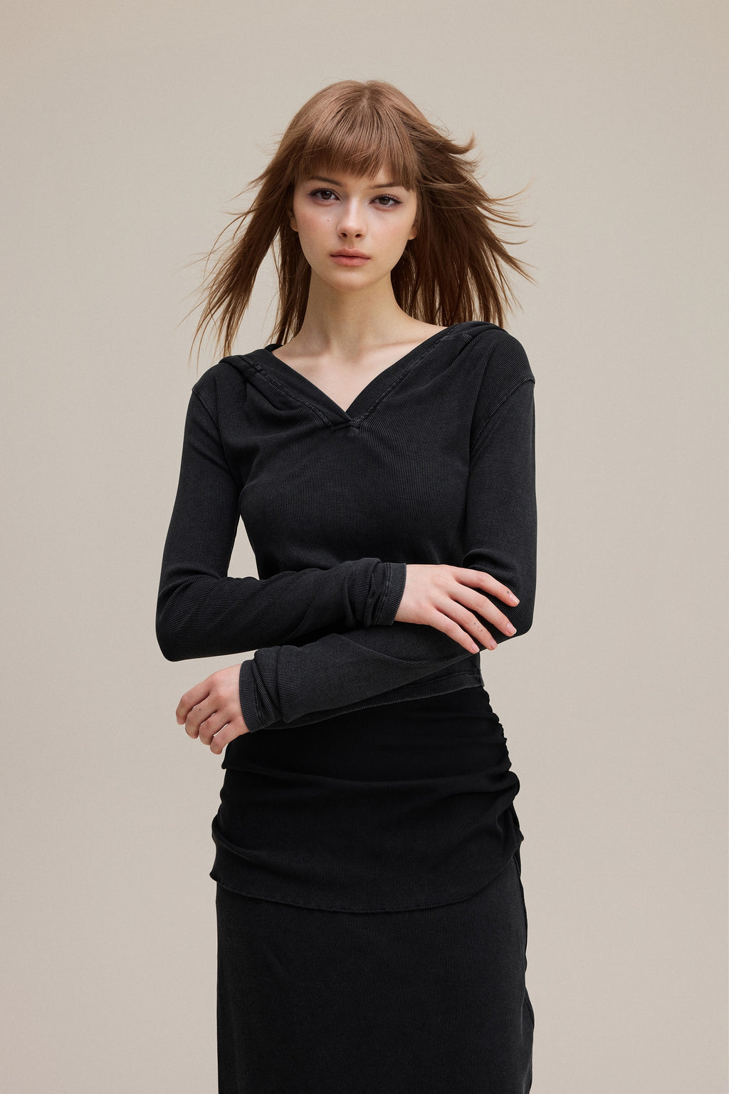 275GSM Women’s Slim-Fit Pigment-Wash Long-Sleeve Snow wash
