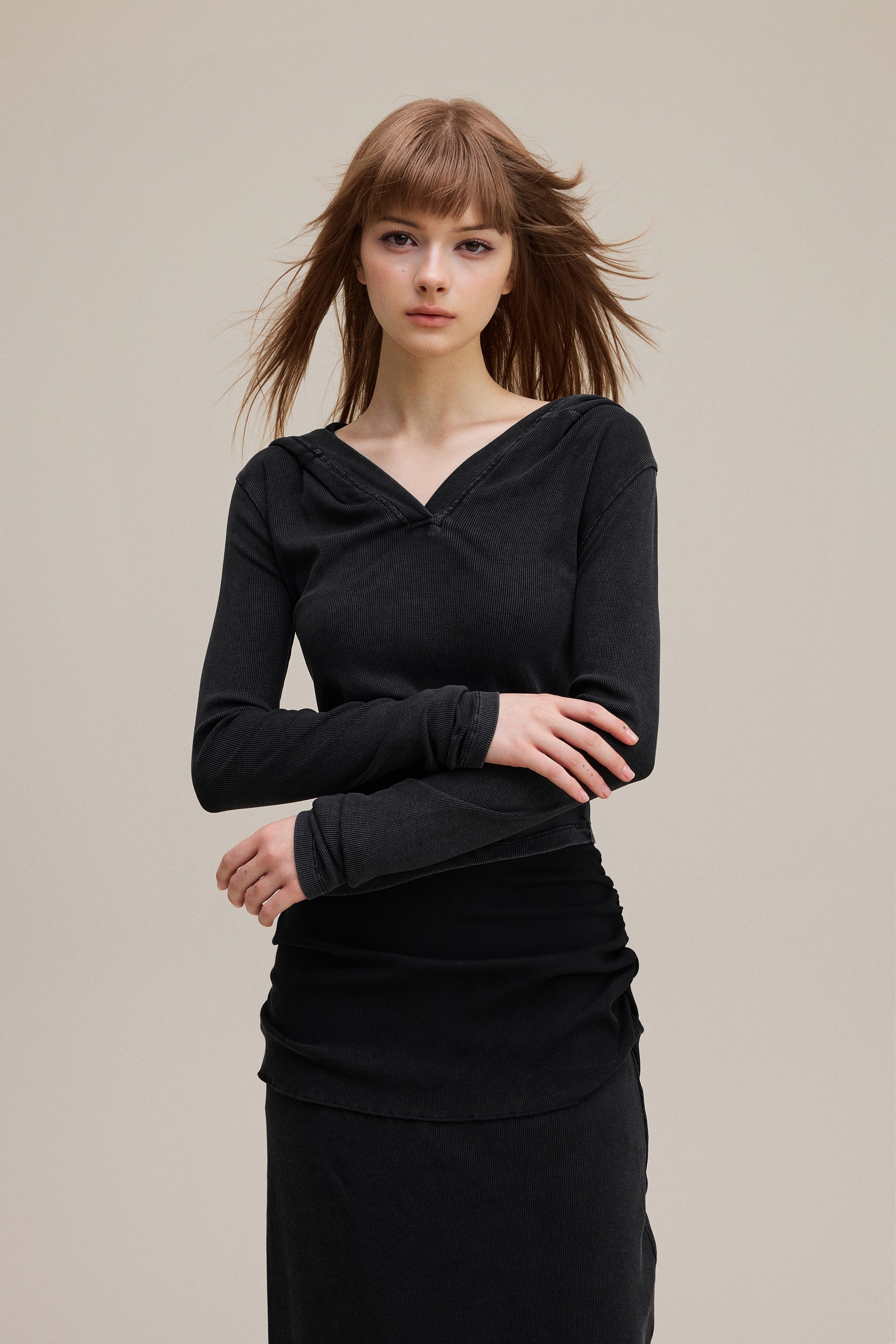 275GSM Women’s Slim-Fit Pigment-Wash Long-Sleeve Snow wash