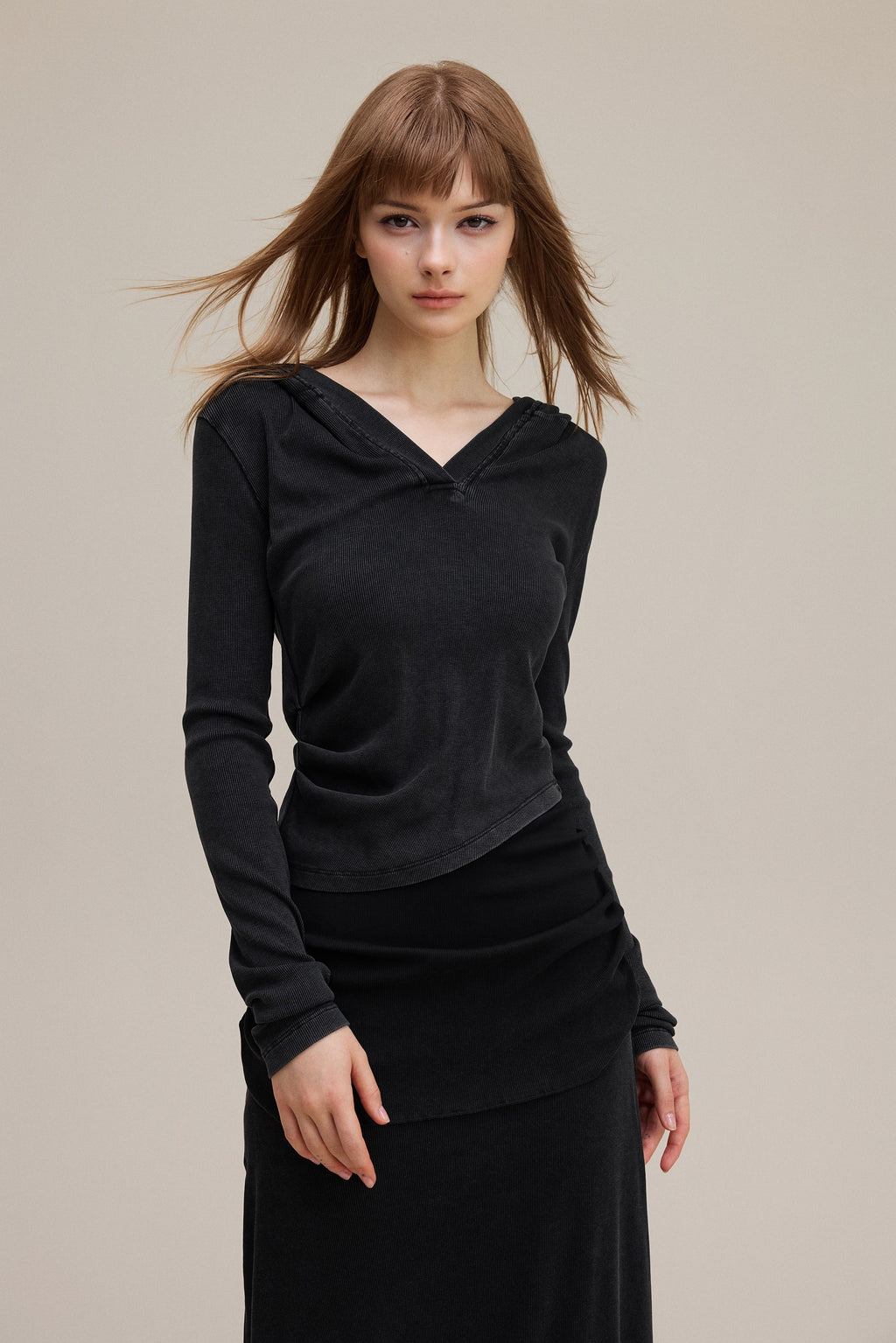 275GSM Women’s Slim-Fit Pigment-Wash Long-Sleeve Snow wash