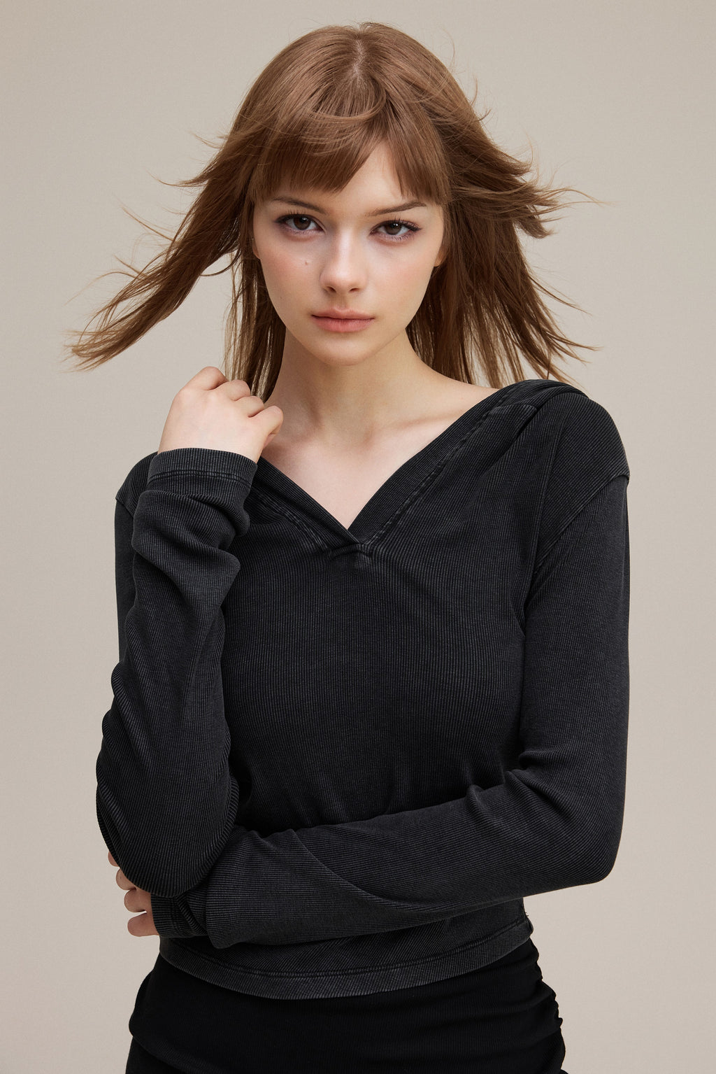 275GSM Women’s Slim-Fit Pigment-Wash Long-Sleeve Snow wash