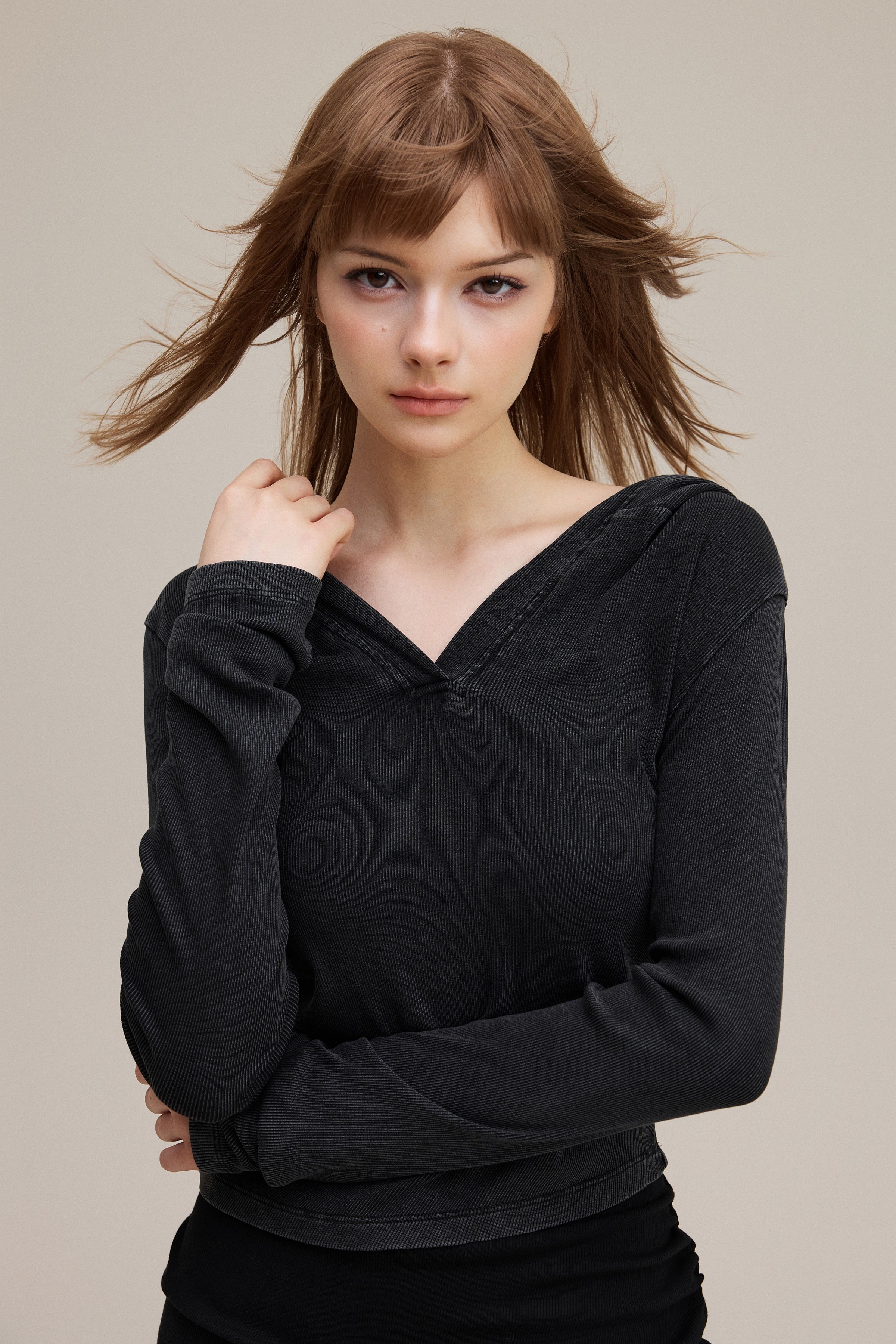 275GSM Women’s Slim-Fit Pigment-Wash Long-Sleeve Snow wash