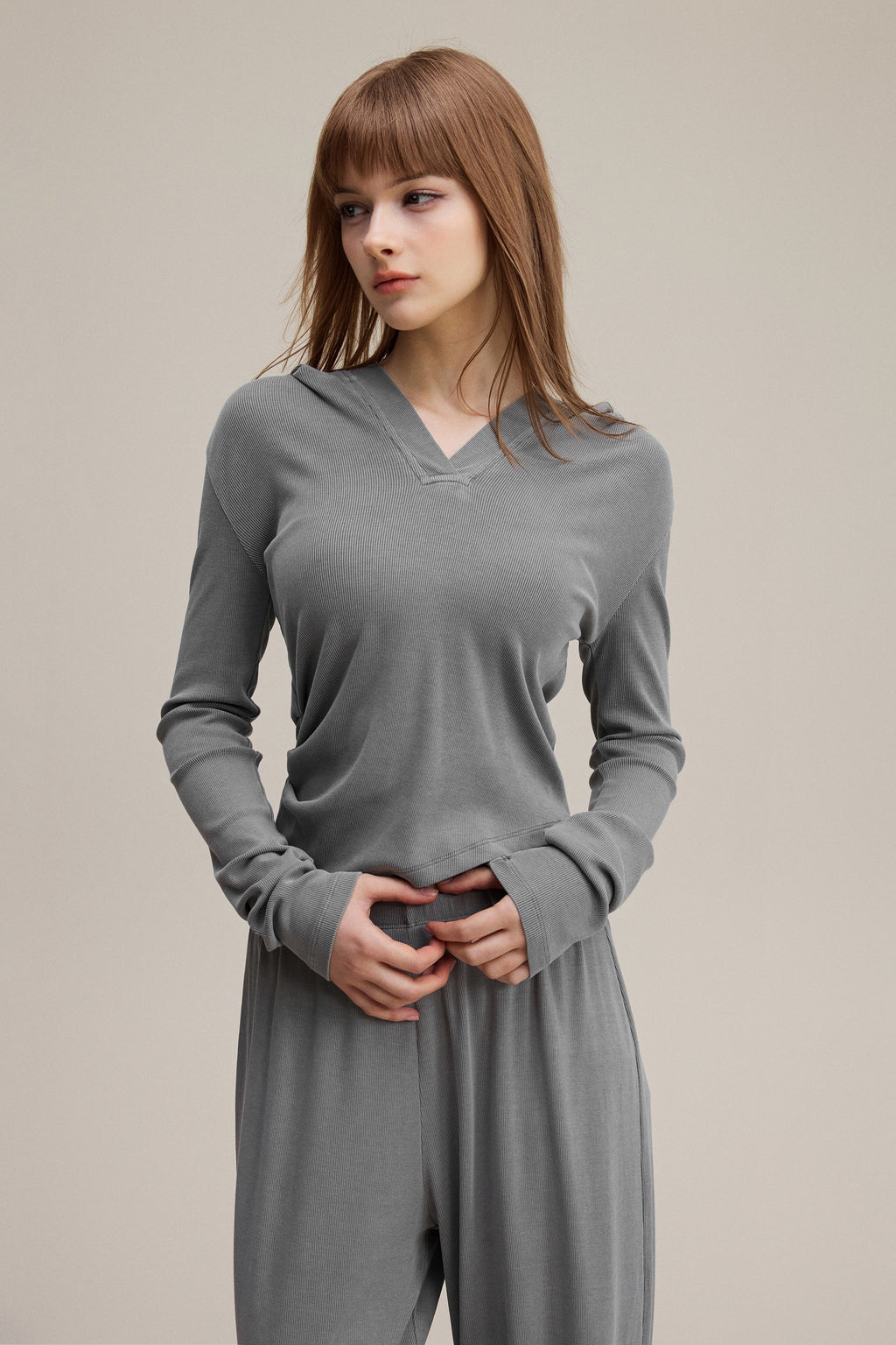 275GSM Women’s Slim-Fit Pigment-Wash Long-Sleeve Medium gray