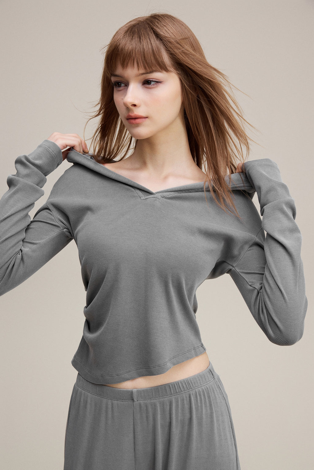 275GSM Women’s Slim-Fit Pigment-Wash Long-Sleeve Medium gray