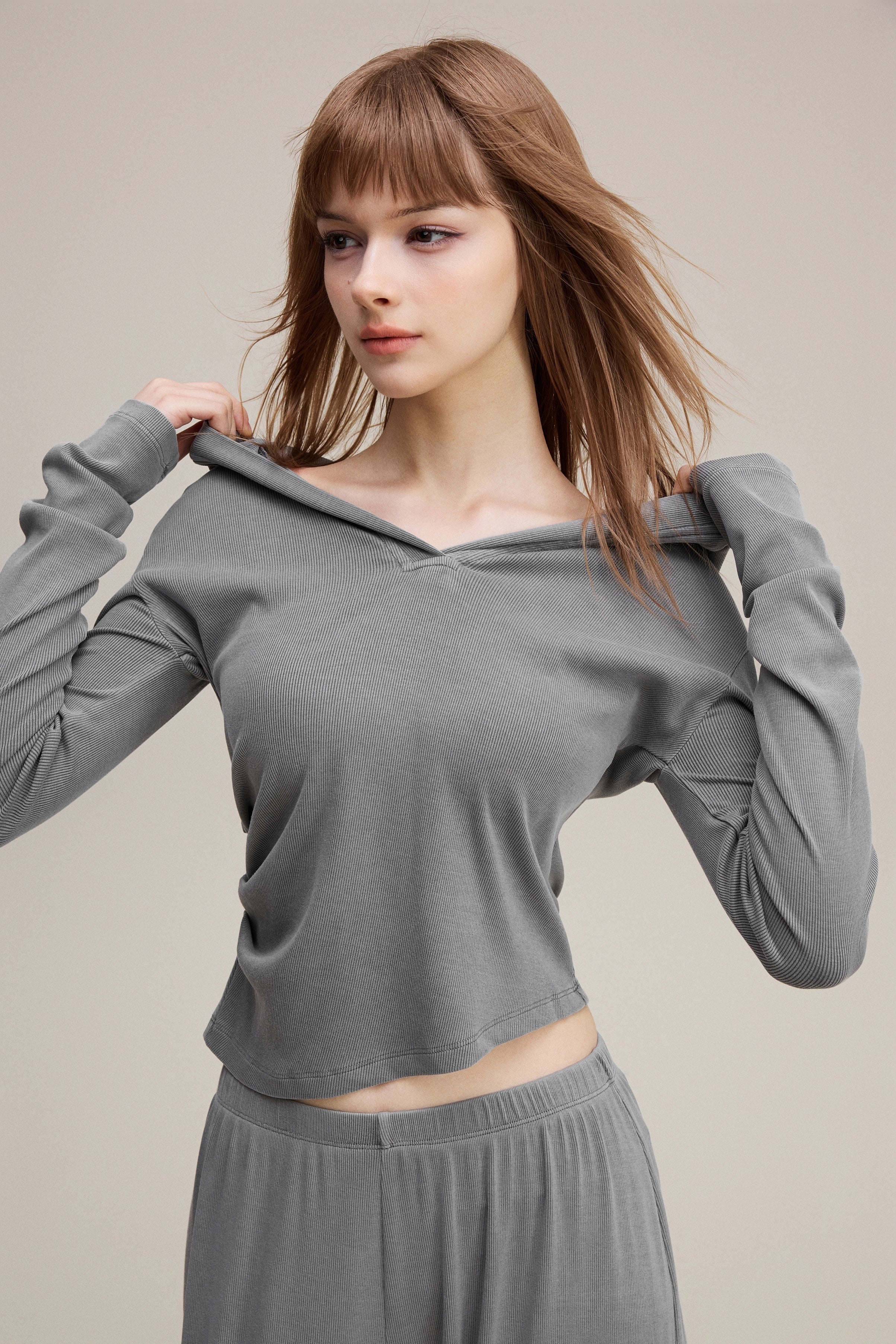 275GSM Women’s Slim-Fit Pigment-Wash Long-Sleeve Medium gray