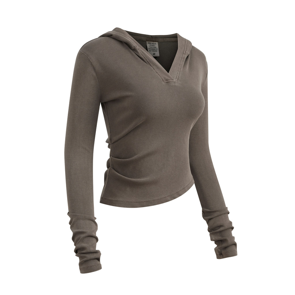 275GSM Women’s Slim-Fit Pigment-Wash Long-Sleeve Coffee