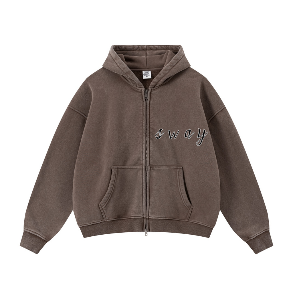 400GSM Unisex Vintage-Wash Boxy-Fit Zip-Up Hoodie Vintage Dark Brown