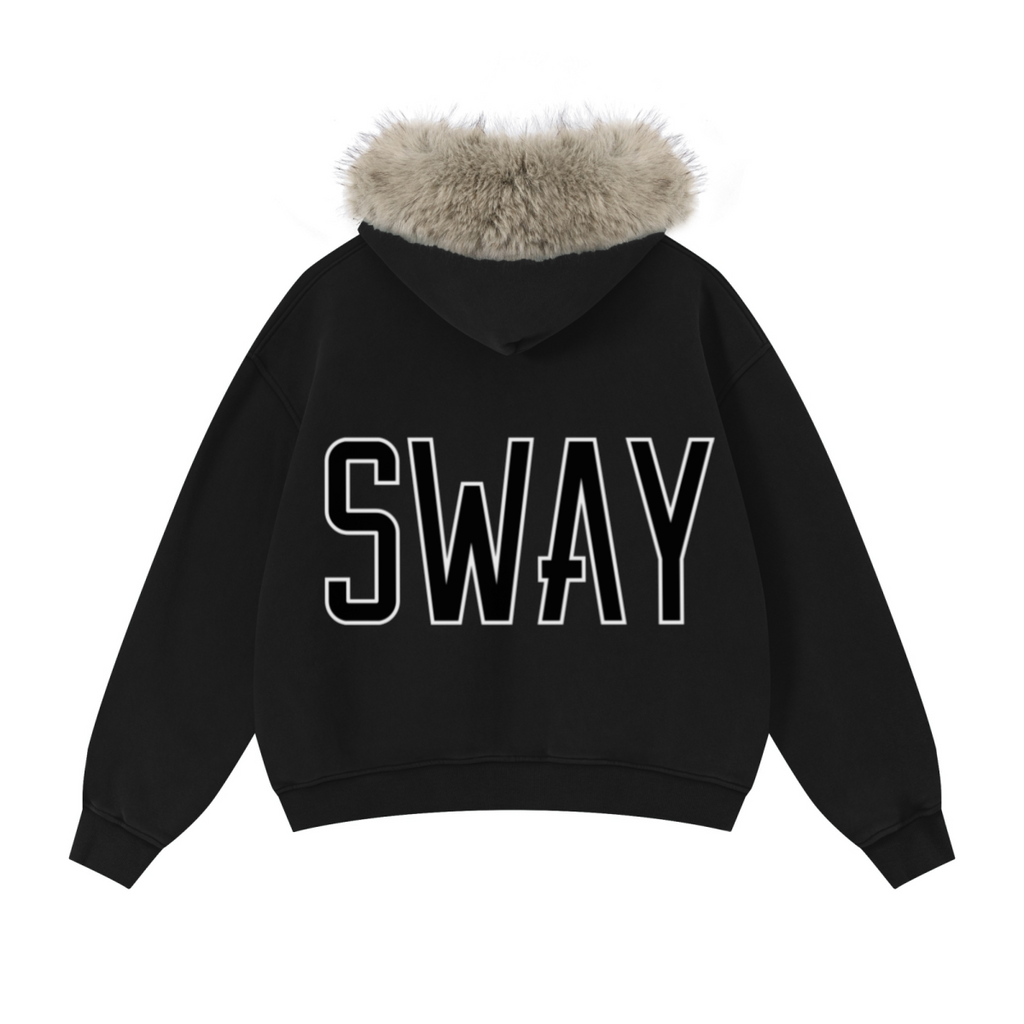 400GSM Unisex Vintage Boxyfit Faux Fur Collar Zipper Hoodie Vintage Black