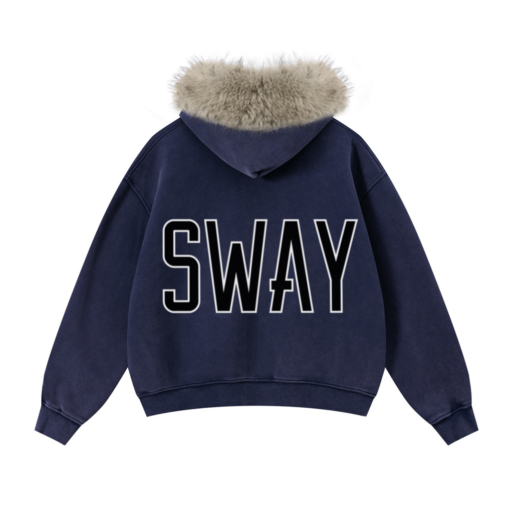 400GSM Unisex Vintage Boxyfit Faux Fur Collar Zipper Hoodie Vintage Sapphire Blue