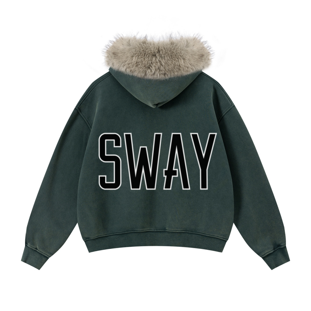 400GSM Unisex Vintage Boxyfit Faux Fur Collar Zipper Hoodie Vintage Olive Green