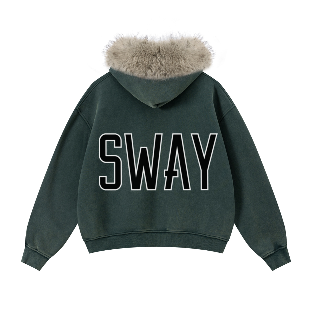 400GSM Unisex Vintage Boxyfit Faux Fur Collar Zipper Hoodie Vintage Olive Green