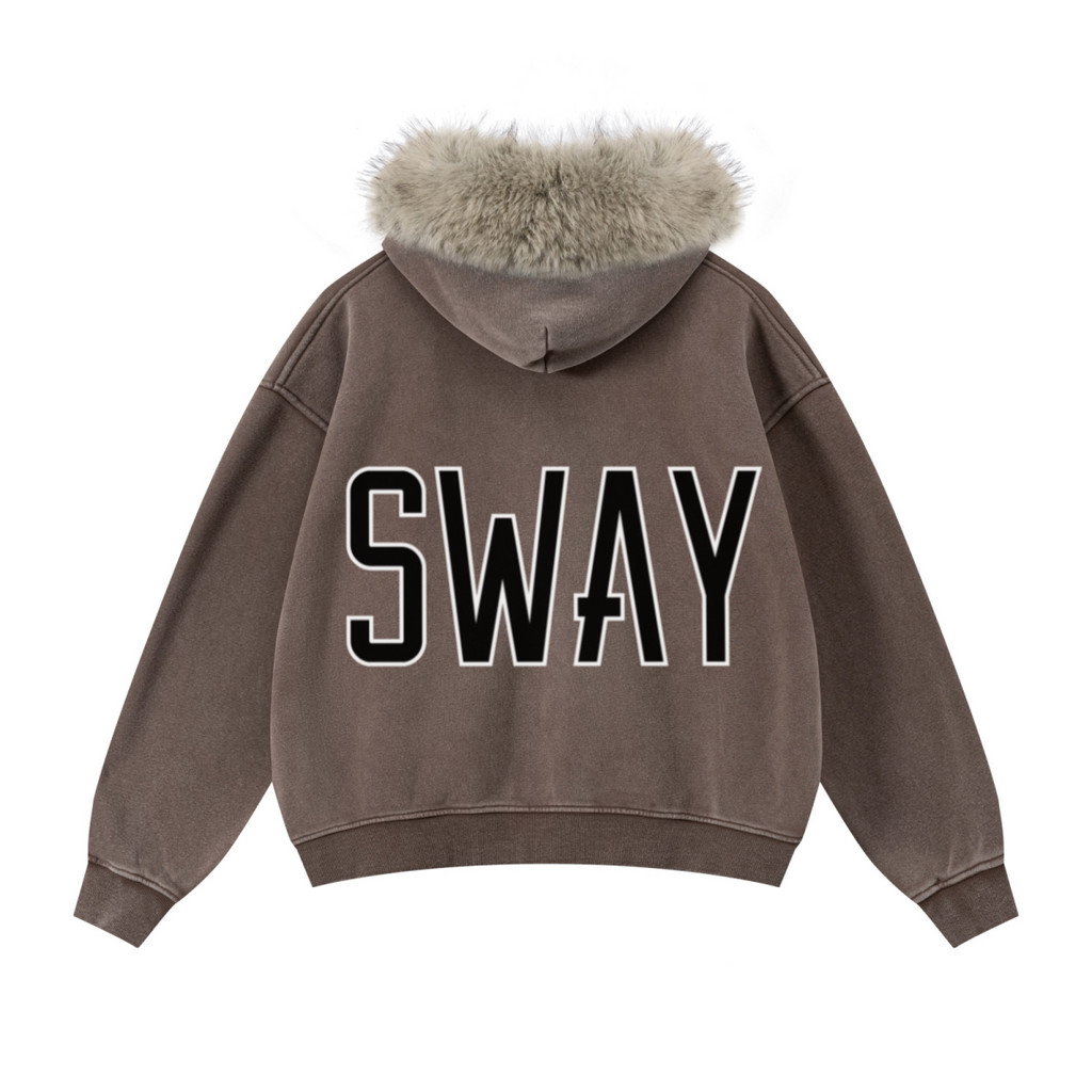 400GSM Unisex Vintage Boxyfit Faux Fur Collar Zipper Hoodie Vintage Deep Brown