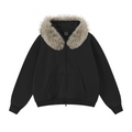 400GSM Unisex Vintage Boxyfit Faux Fur Collar Zipper Hoodie Vintage Black