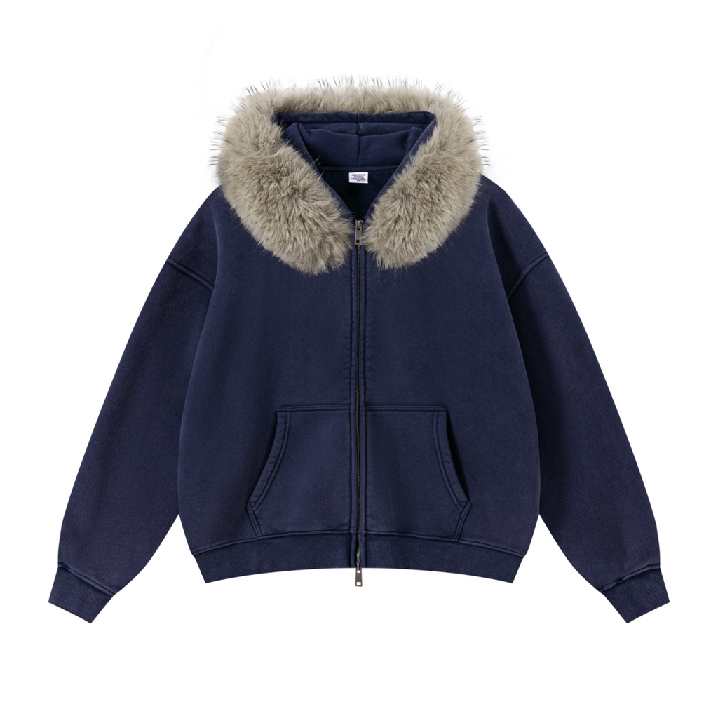 400GSM Unisex Vintage Boxyfit Faux Fur Collar Zipper Hoodie Vintage Sapphire Blue
