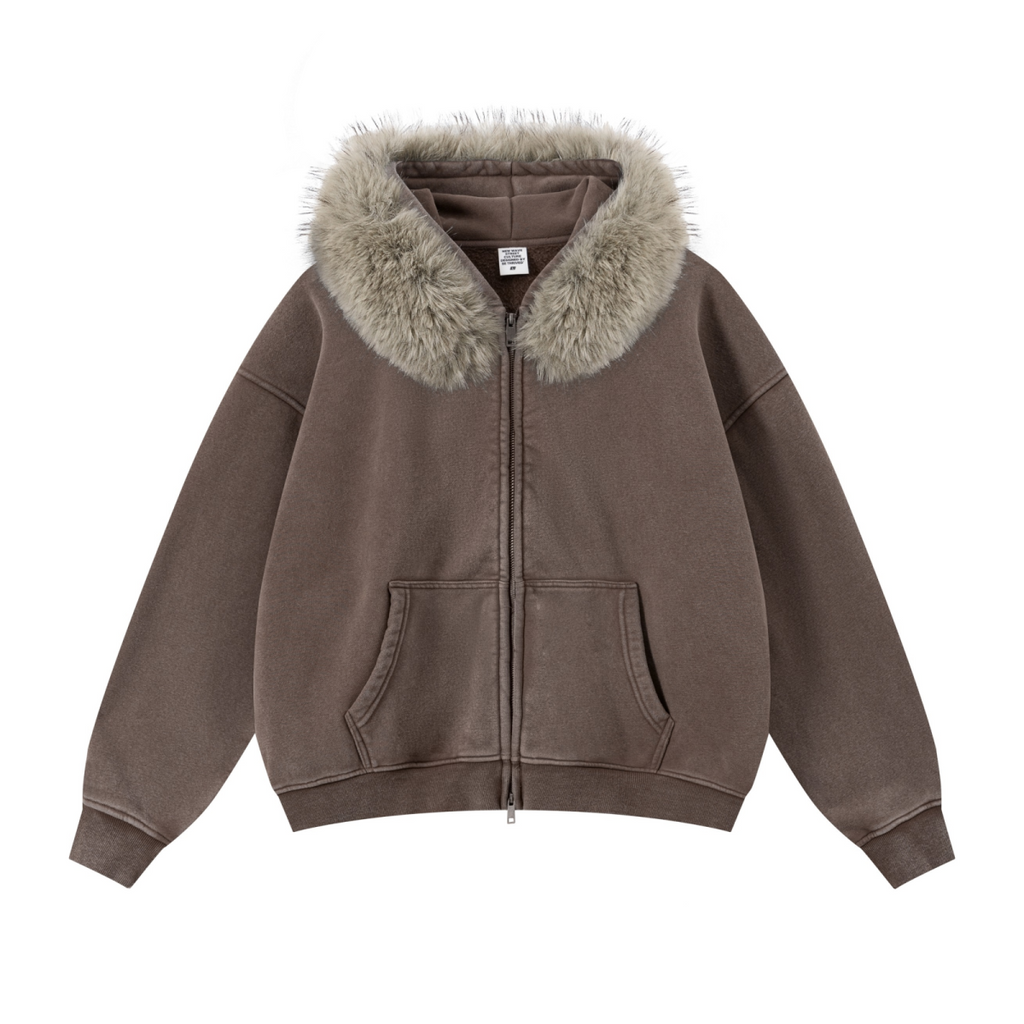 400GSM Unisex Vintage Boxyfit Faux Fur Collar Zipper Hoodie Vintage Deep Brown