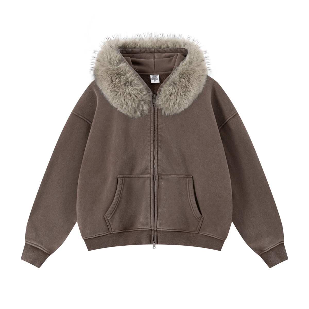 400GSM Unisex Vintage Boxyfit Faux Fur Collar Zipper Hoodie Vintage Deep Brown