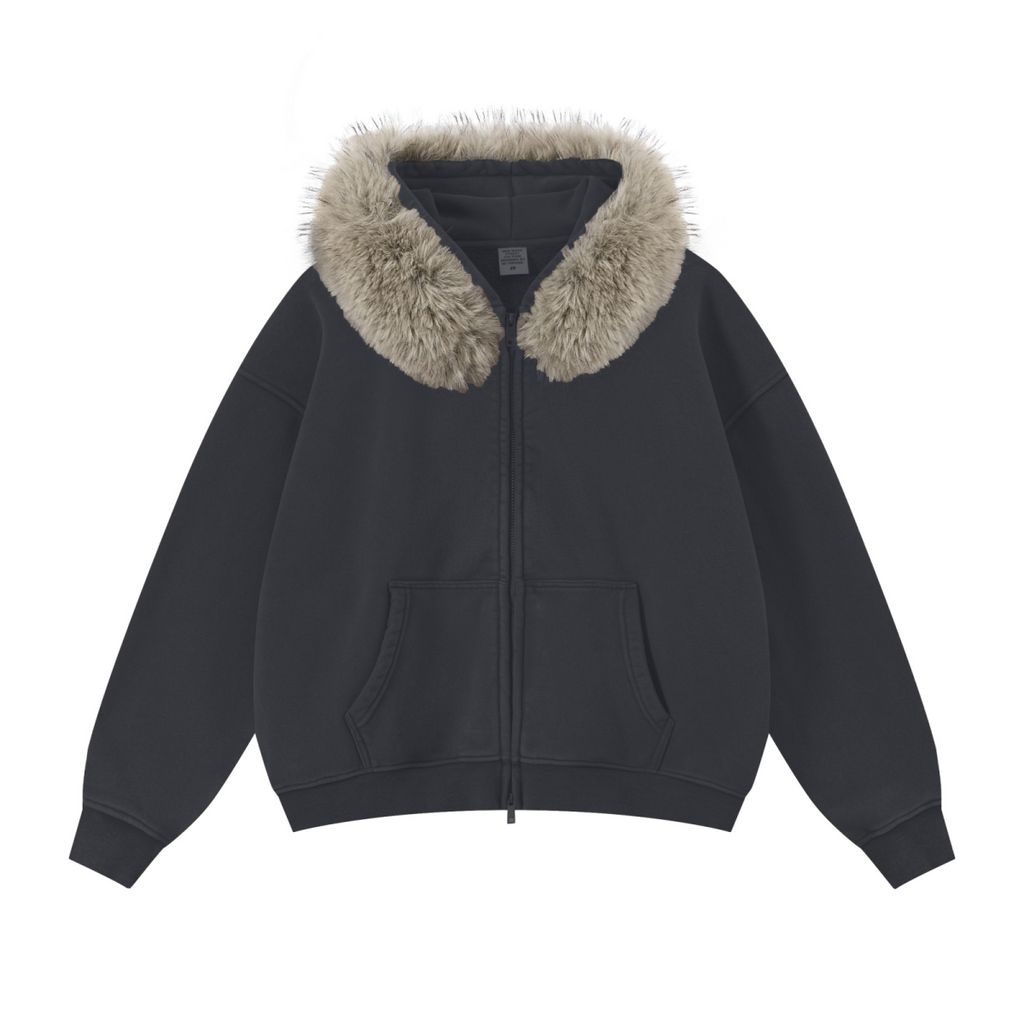 400GSM Unisex Vintage Boxyfit Faux Fur Collar Zipper Hoodie Vintage Dark Grey