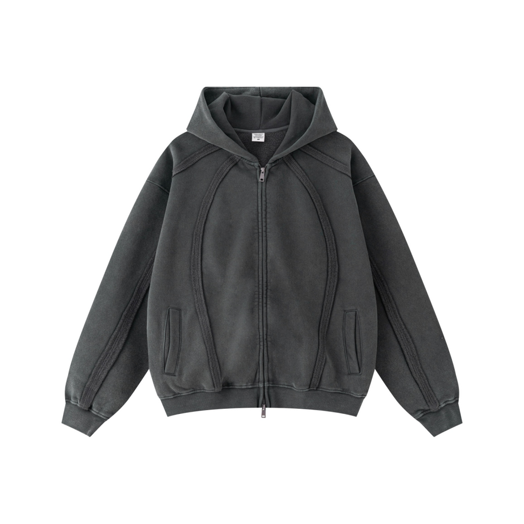 360GSM Men’s Structured Panel Raw-Edge Fleece-Lined Distressed Snow-Wash Zip-Up Hoodie Dark Grey
