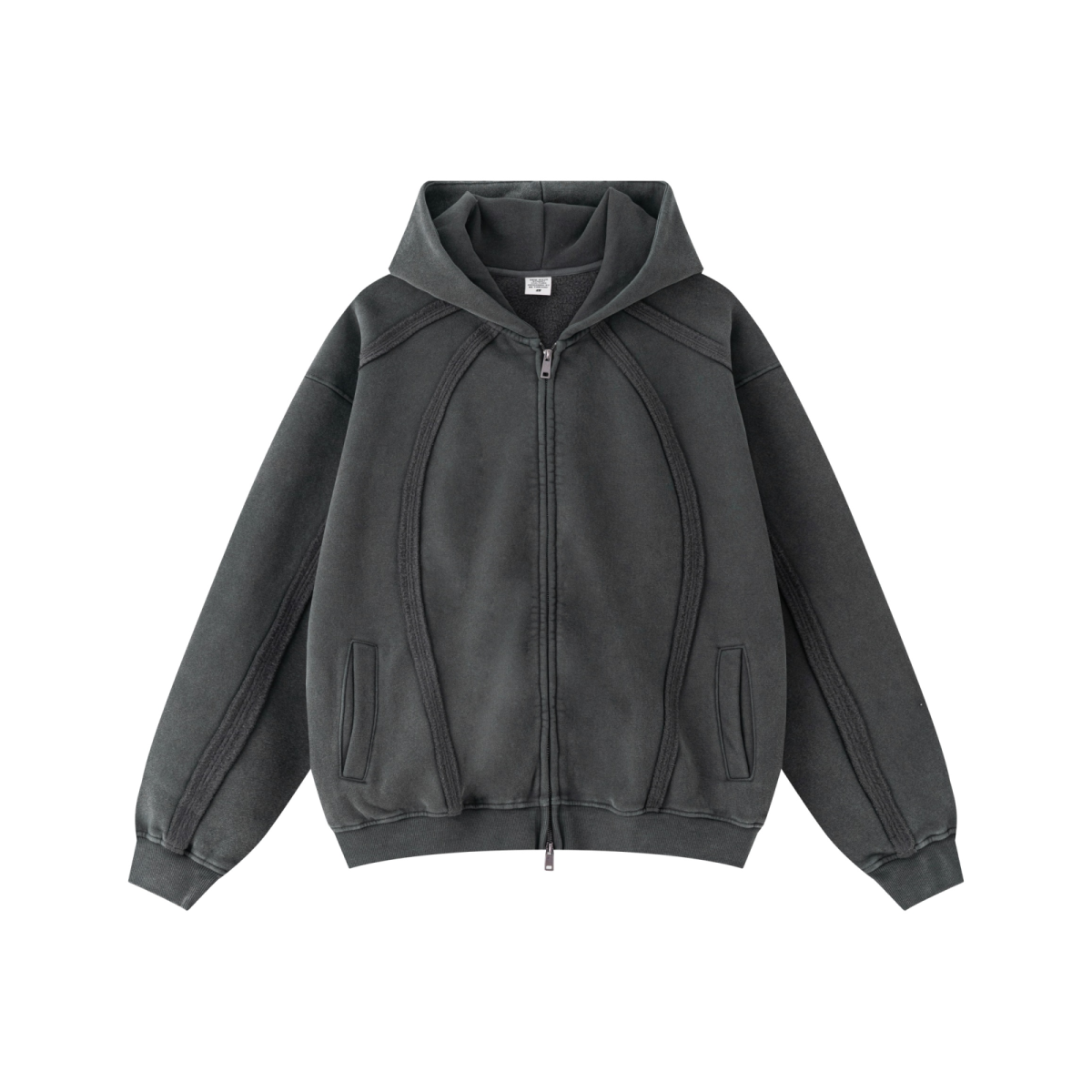 360GSM Men’s Structured Panel Raw-Edge Fleece-Lined Distressed Snow-Wash Zip-Up Hoodie Snowflake Grey