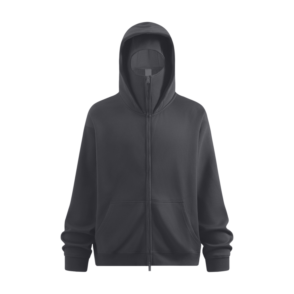 340GSM Men’s Trendy Fleece Zip-Up Windproof Face-Mask Hoodie Dark Grey