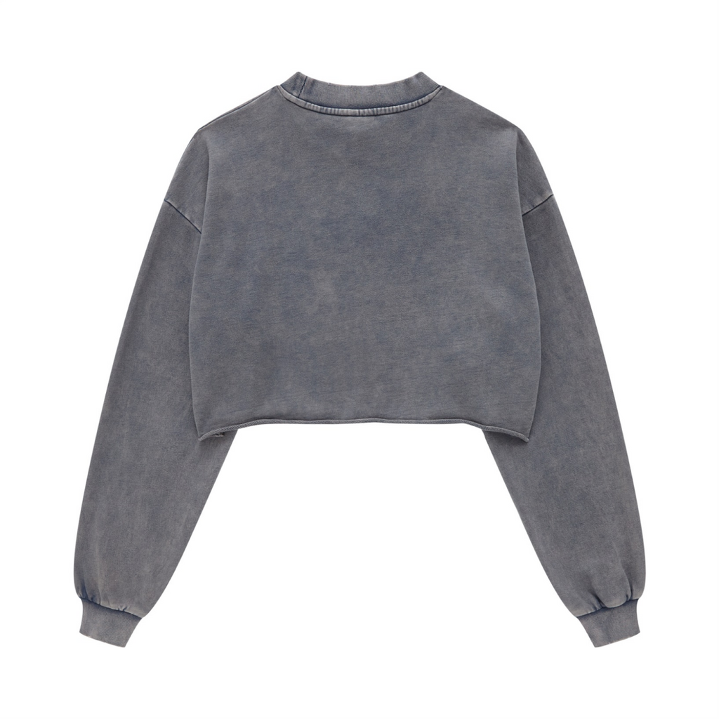 380GSM Women’s Heavyweight Distressed Snow-Wash Raw-Hem Cropped Long sleeve Royal blue
