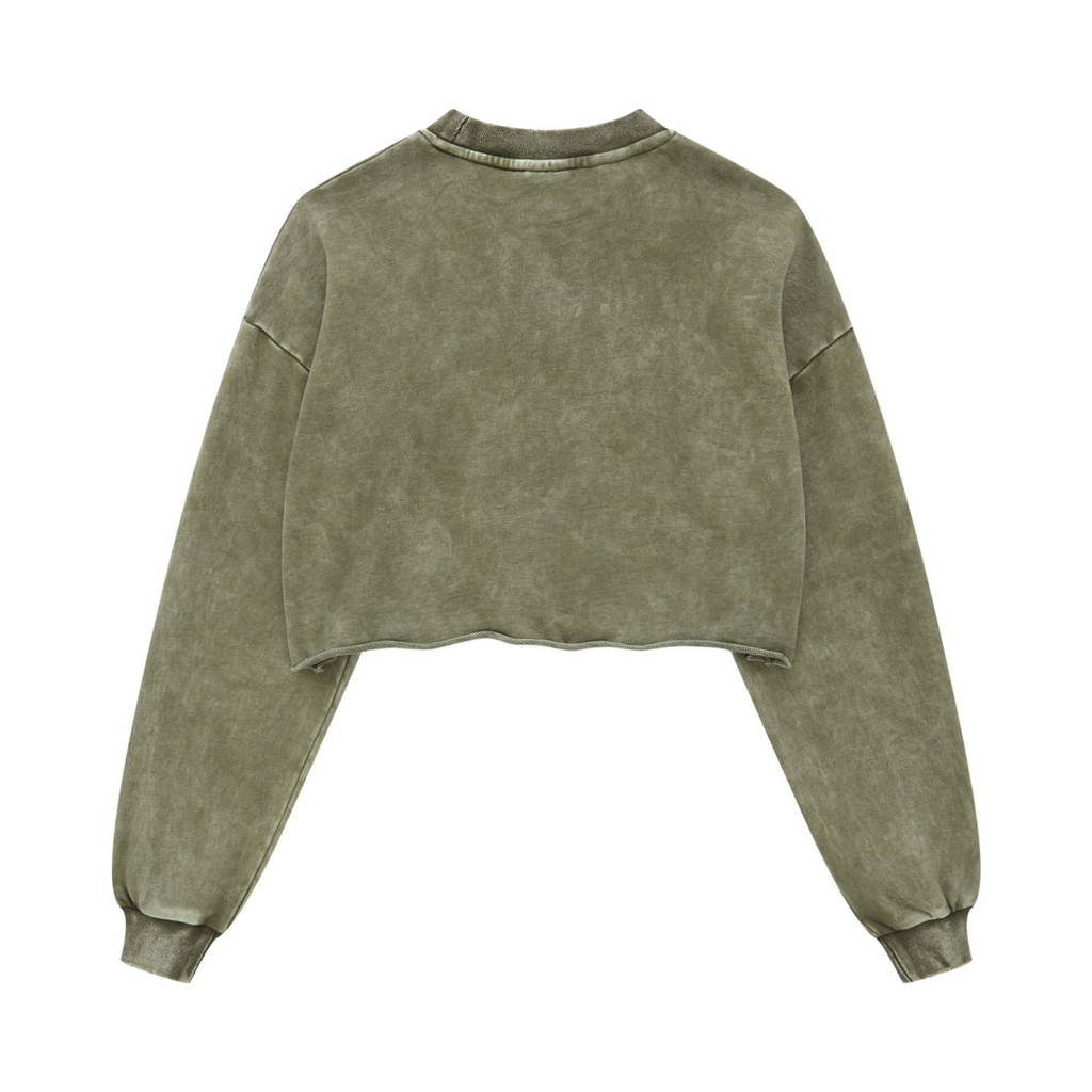 380GSM Women’s Heavyweight Distressed Snow-Wash Raw-Hem Cropped Long sleeve Olive green