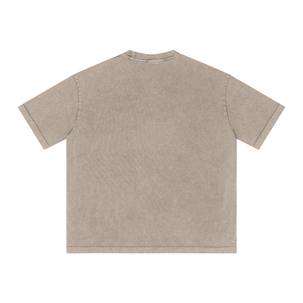 285GSM Unisex Distressed Snow-Wash Batik Plain Fabric T-shirt khaki