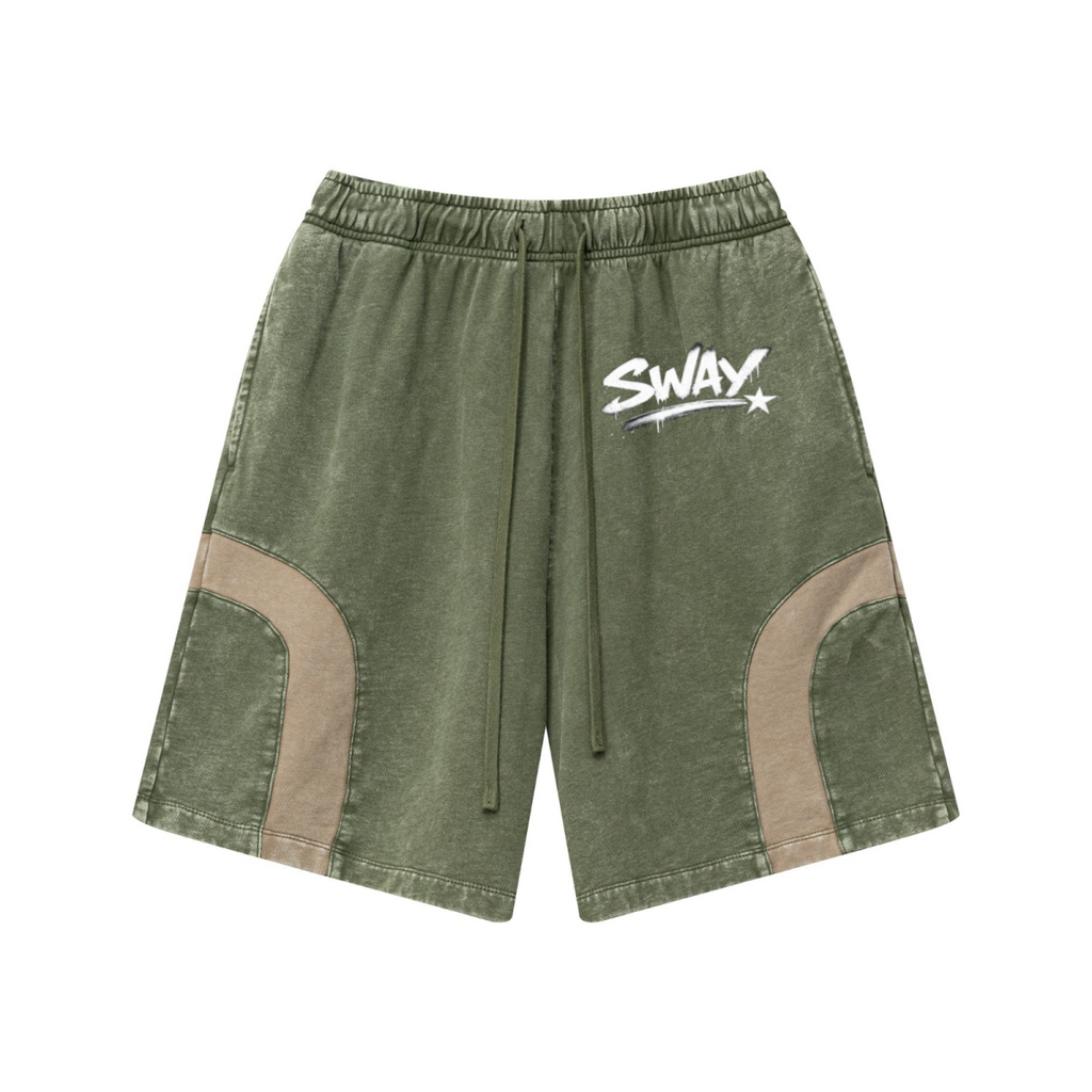330GSM Unisex Heavyweight Contrast-Panel Snow-Washed Shorts Military Green/Khaki