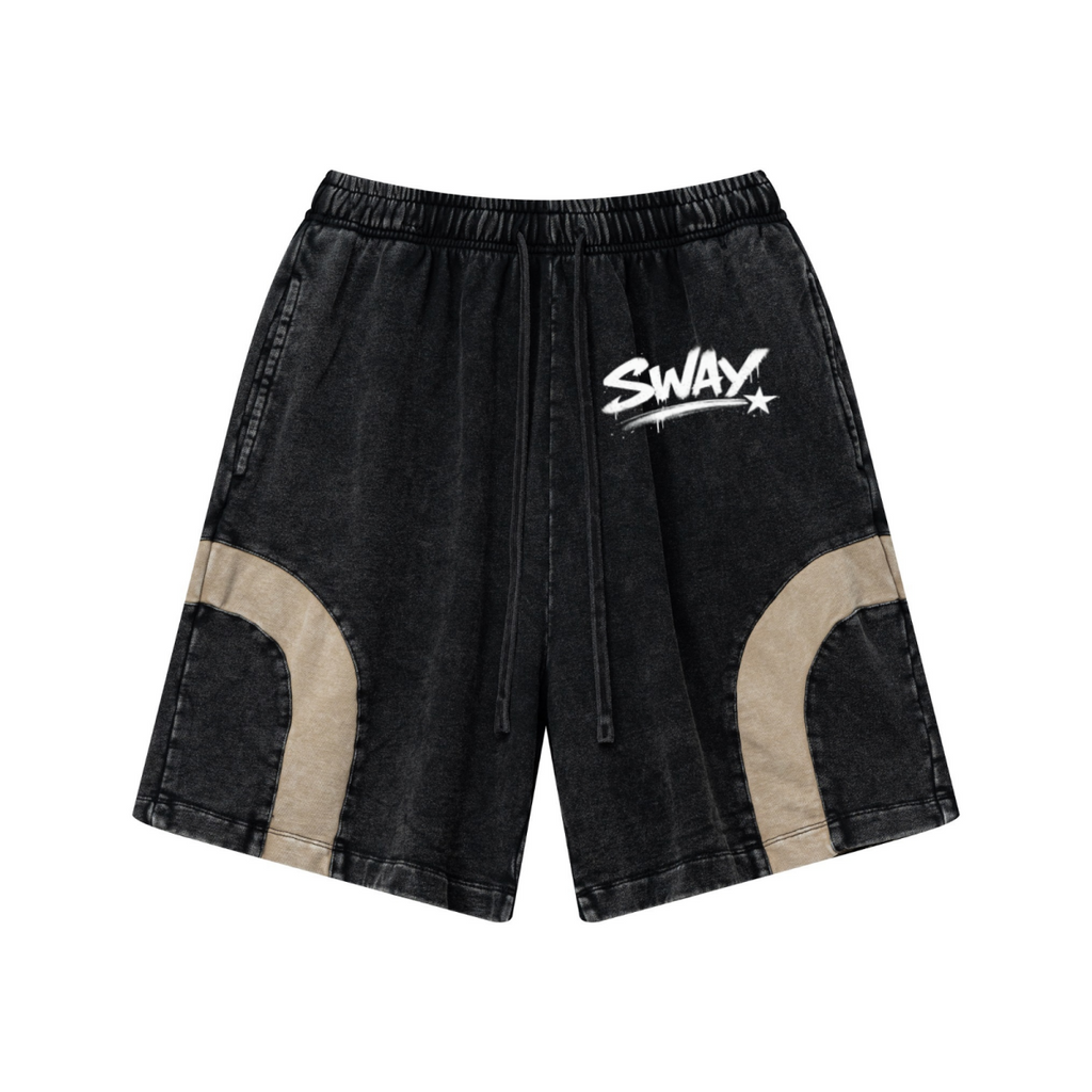 330GSM Unisex Heavyweight Contrast-Panel Snow-Washed Shorts Black/Khaki
