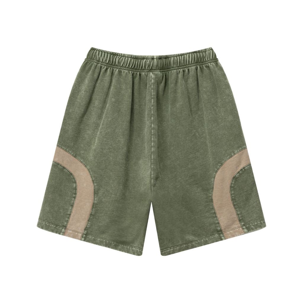 330GSM Unisex Heavyweight Contrast-Panel Snow-Washed Shorts Military Green/Khaki