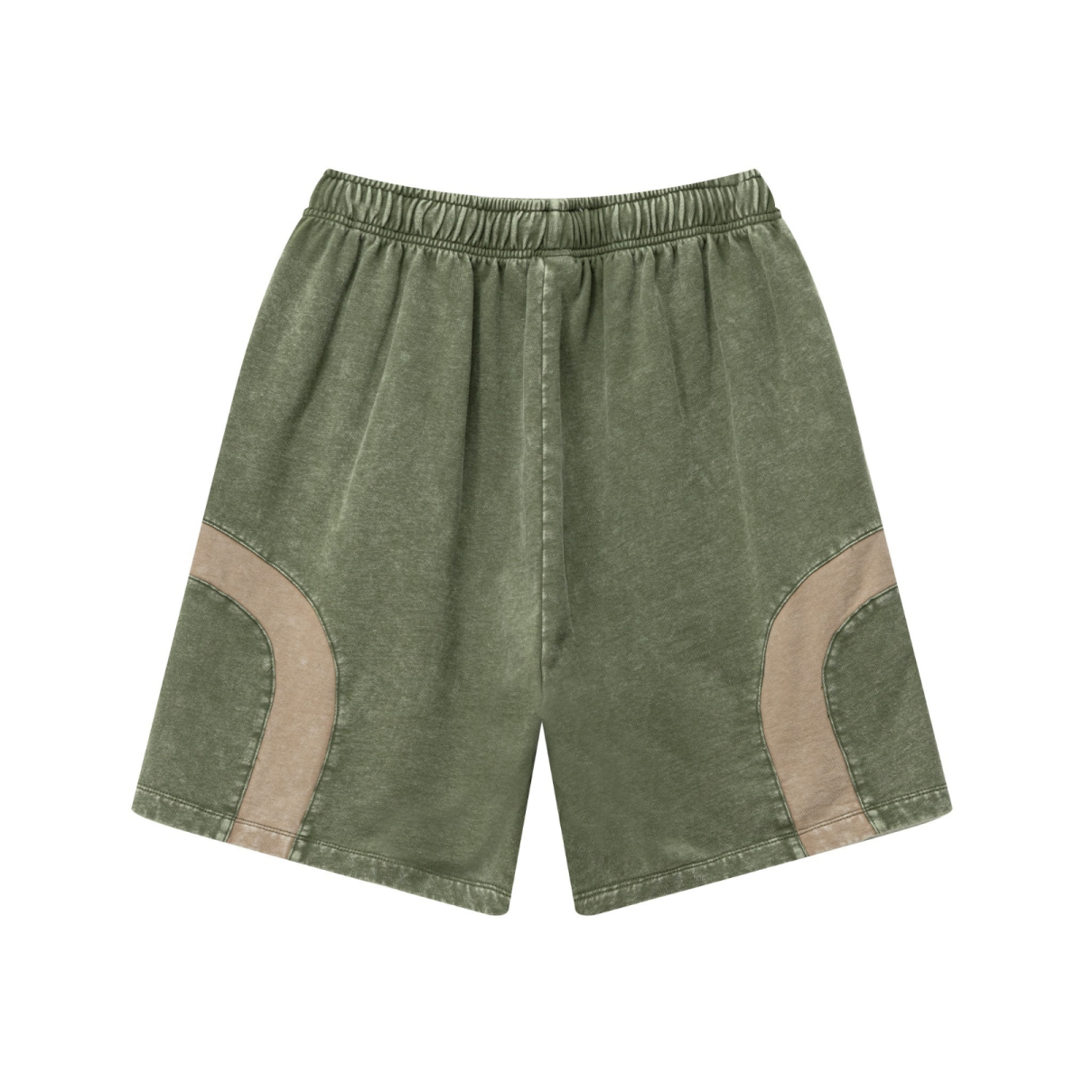 330GSM Unisex Heavyweight Contrast-Panel Snow-Washed Shorts Military Green/Khaki
