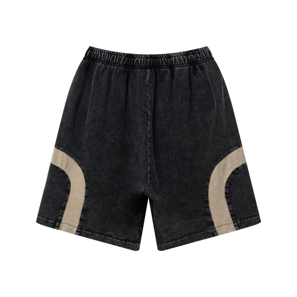 330GSM Unisex Heavyweight Contrast-Panel Snow-Washed Shorts Black/Khaki