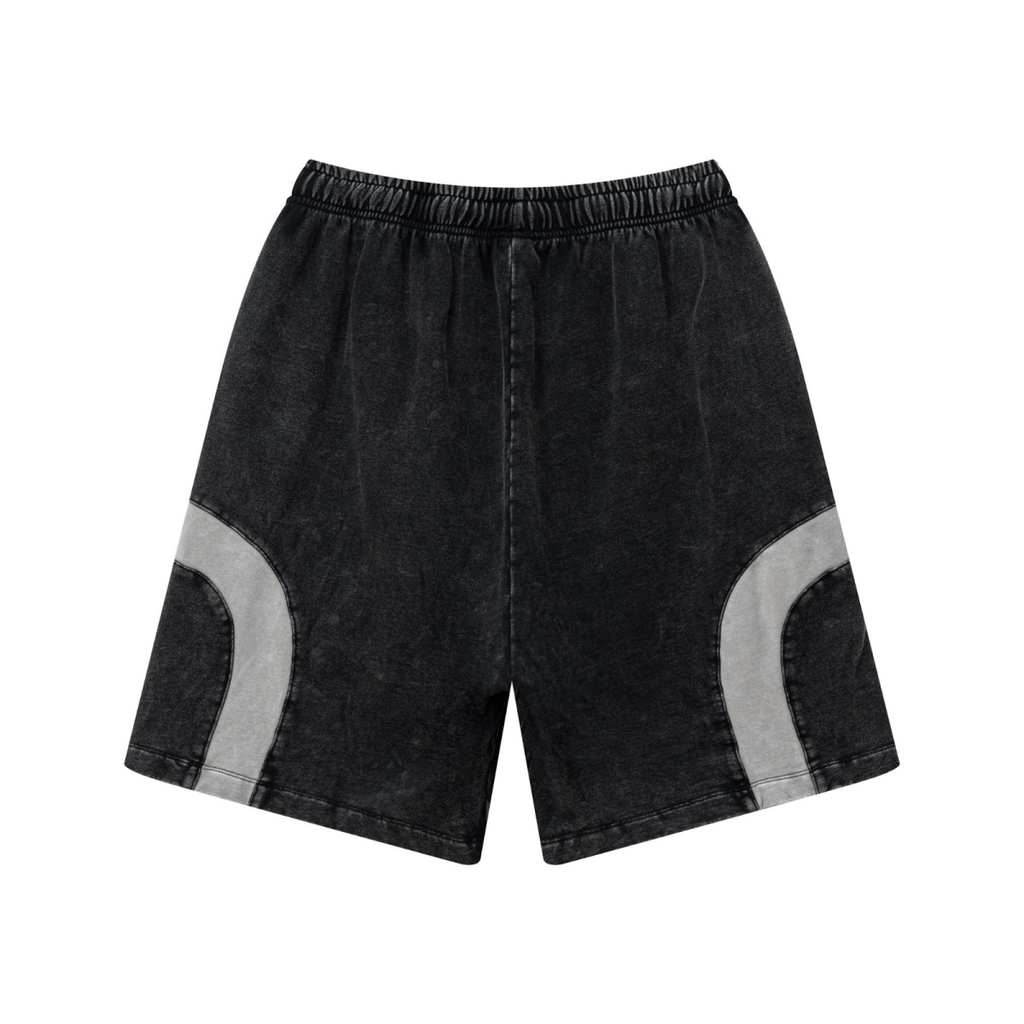 330GSM Unisex Heavyweight Contrast-Panel Snow-Washed Shorts Black/Medium Grey