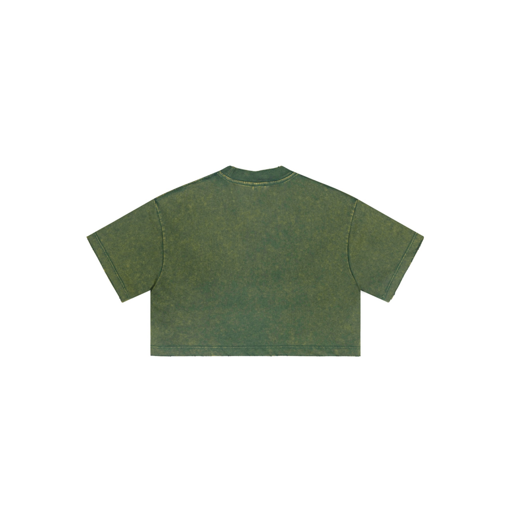 230GSM Women’s Cool-Touch Cropped High-Street Color Retro Snow-Wash T-shirt Dark Green