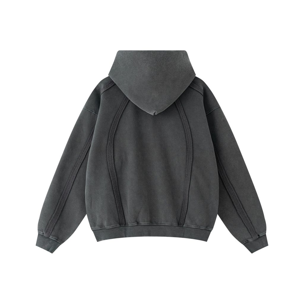 360GSM Men’s Structured Panel Raw-Edge Fleece-Lined Distressed Snow-Wash Zip-Up Hoodie Snowflake Grey